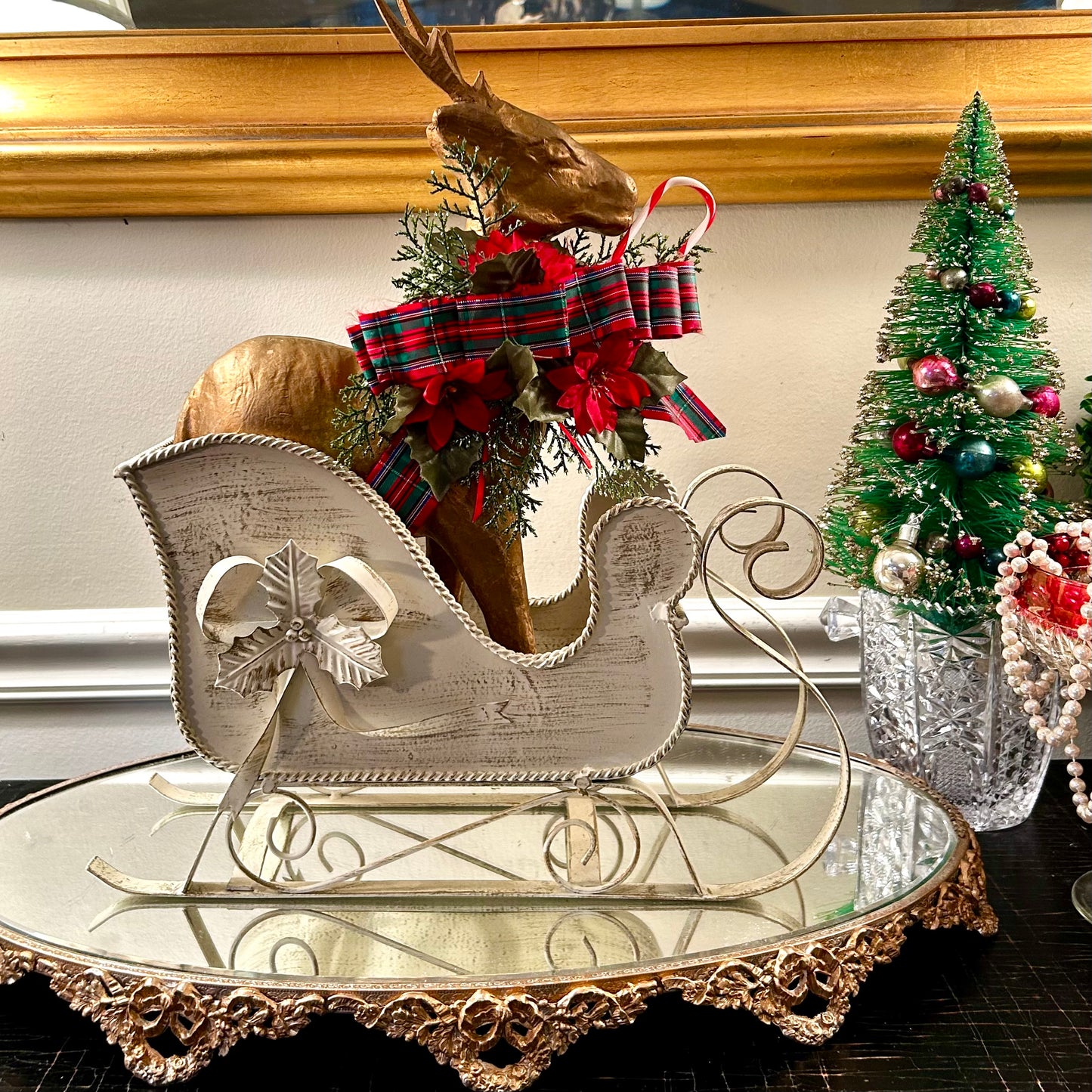 Massive Vintage Ivory tole Christmas Sleigh centerpiece