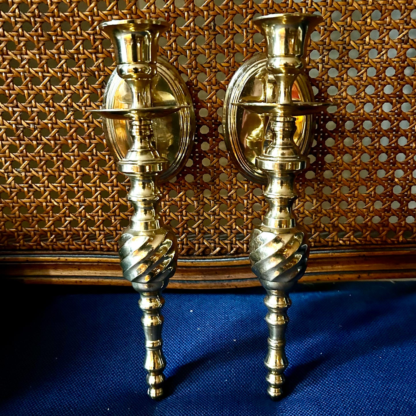 shiny Pair of vintage brass shiny swirl candle holder wall sconces