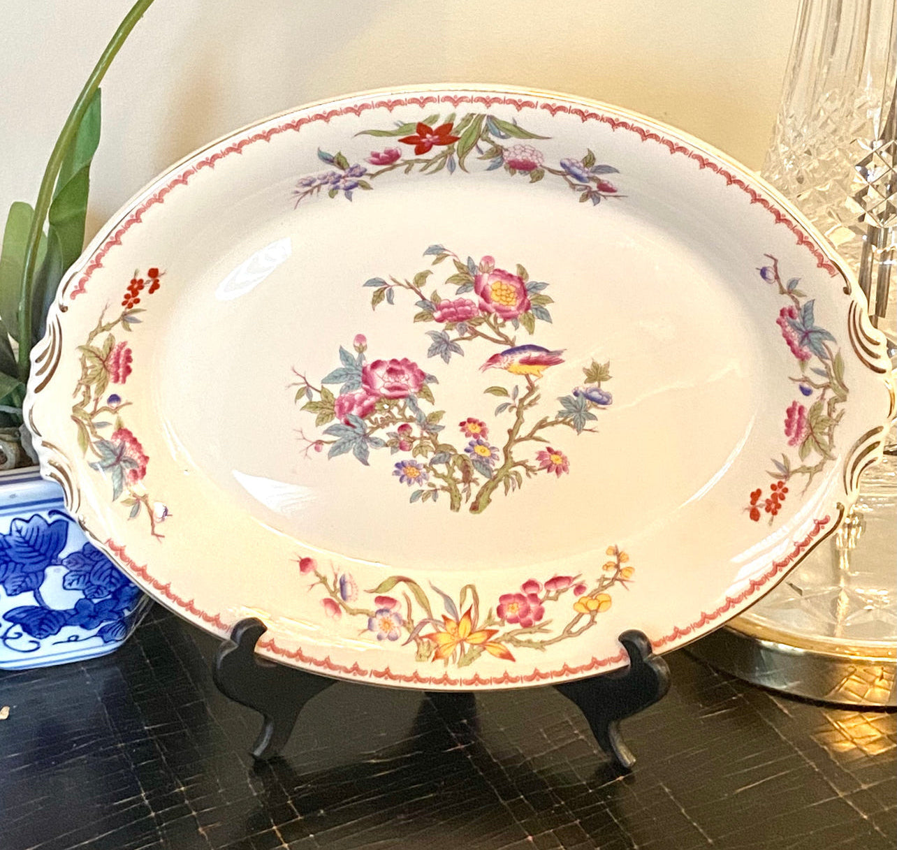 Lovely vintage porcelain rose canton chinoiserie designer oval serving platter