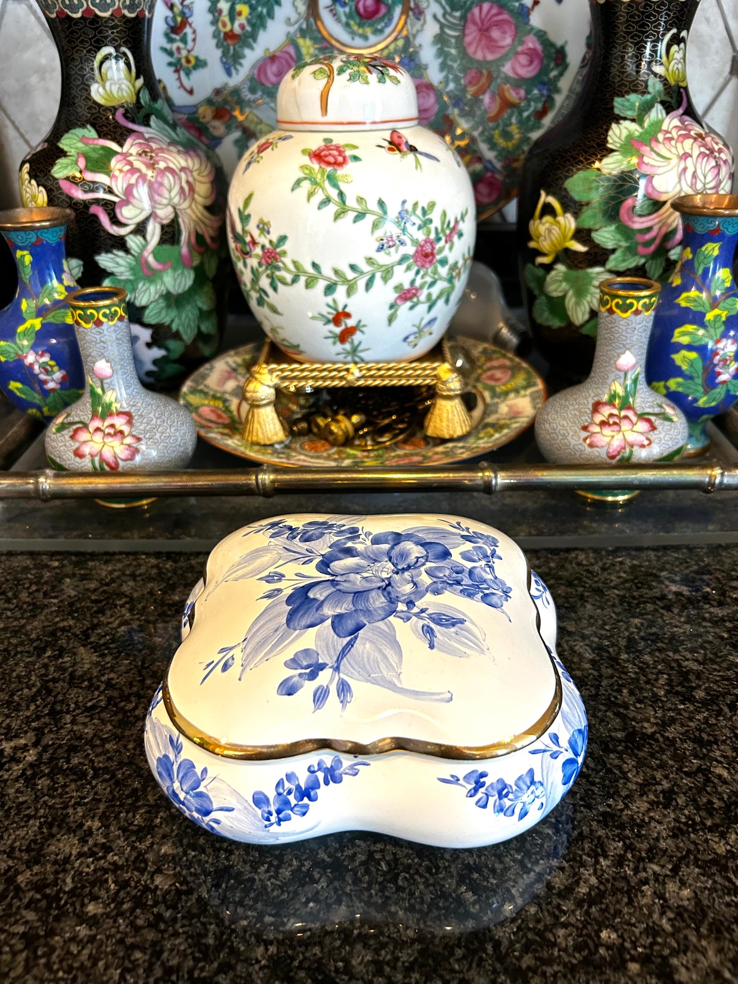 Vintage blue & white floral jewelry box  with lid.