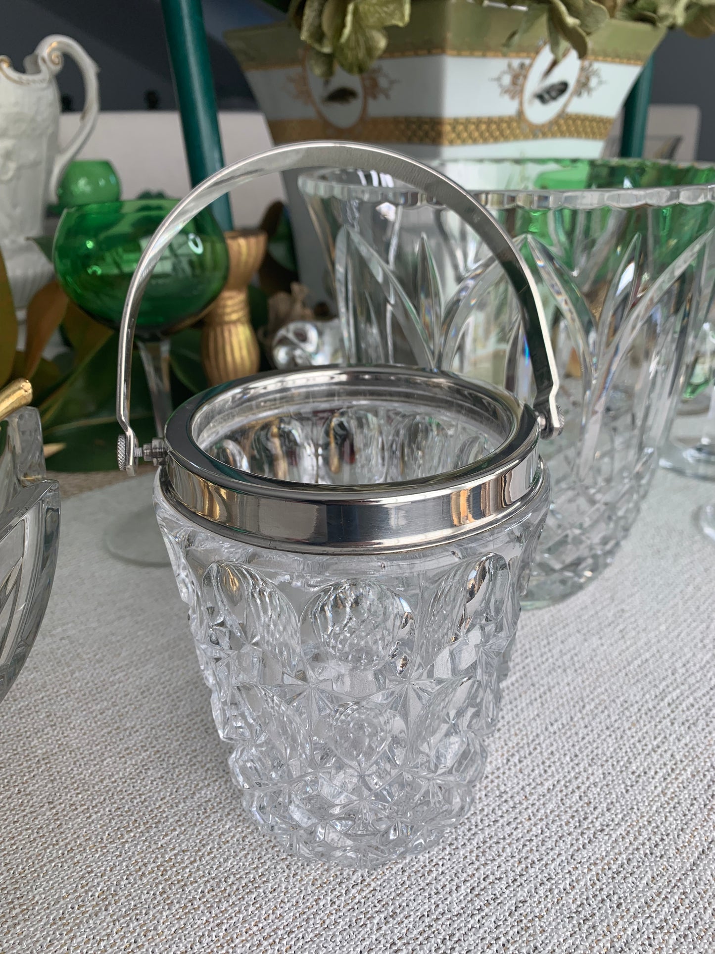 Small Heavy Crystal ice bucket with silverplate rim and handle