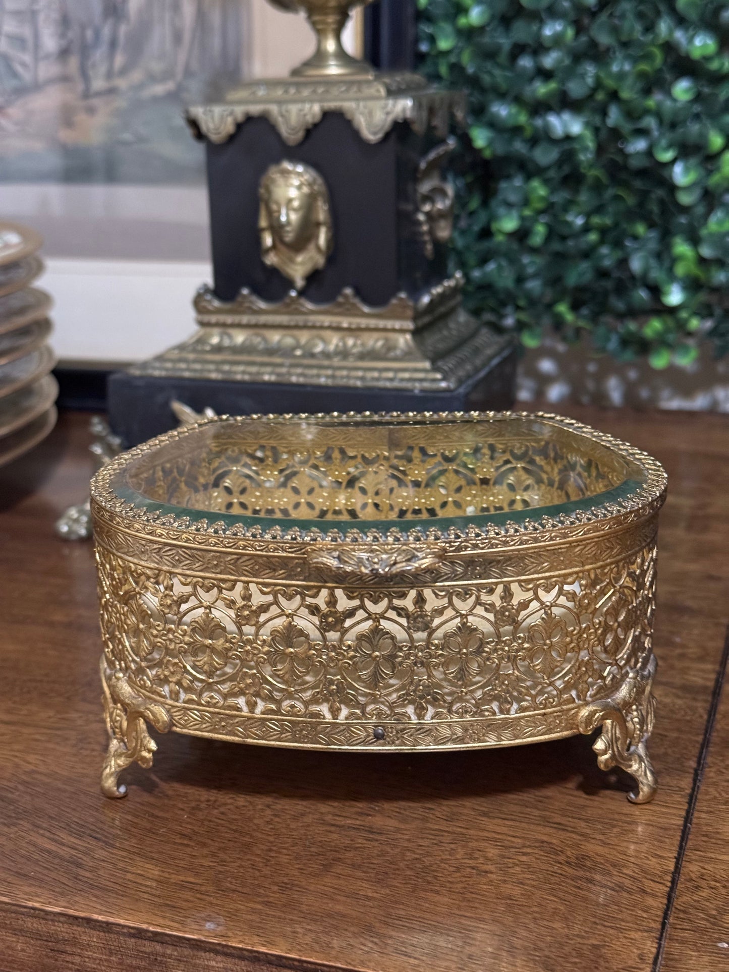 Gorgeous Vintage Brass Filigree Jewelry Casket