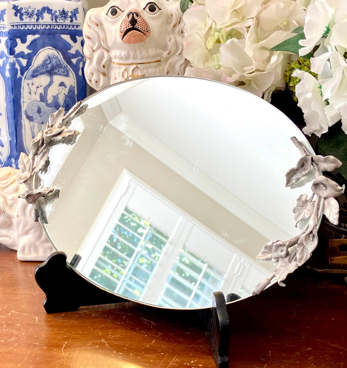 Gorgeous vintage floral details oval mirrored tray