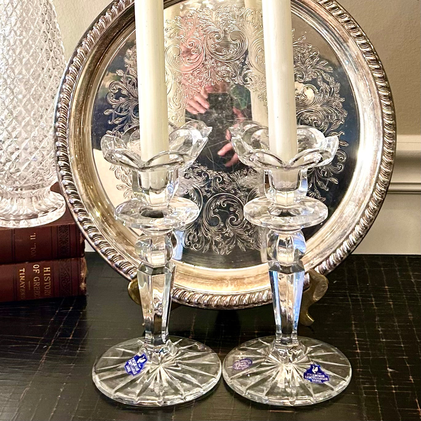 Vintage set of 4 vintage crystal tulip floral candlesticks, 7.5” tall