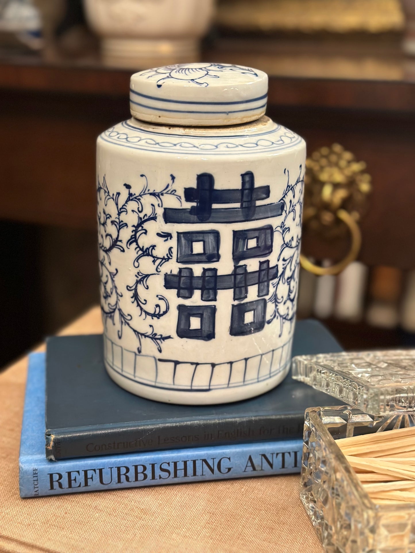 NEW - Blue & White, 7" Tall Double Happiness, Hand Painted Tea Caddy Jar