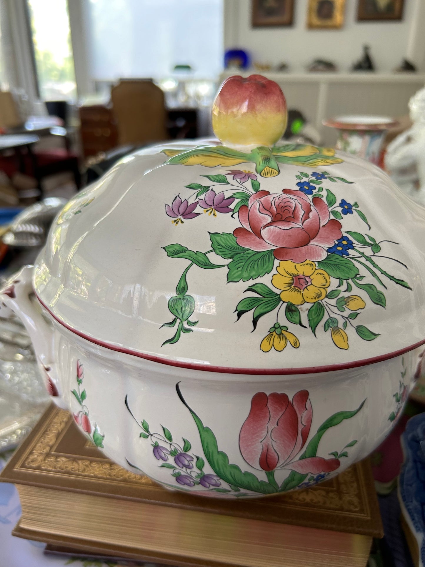 Vintage Luneville Old Strasburg Covered Tureen or Soupier with Hand Painted Tulips and Roses