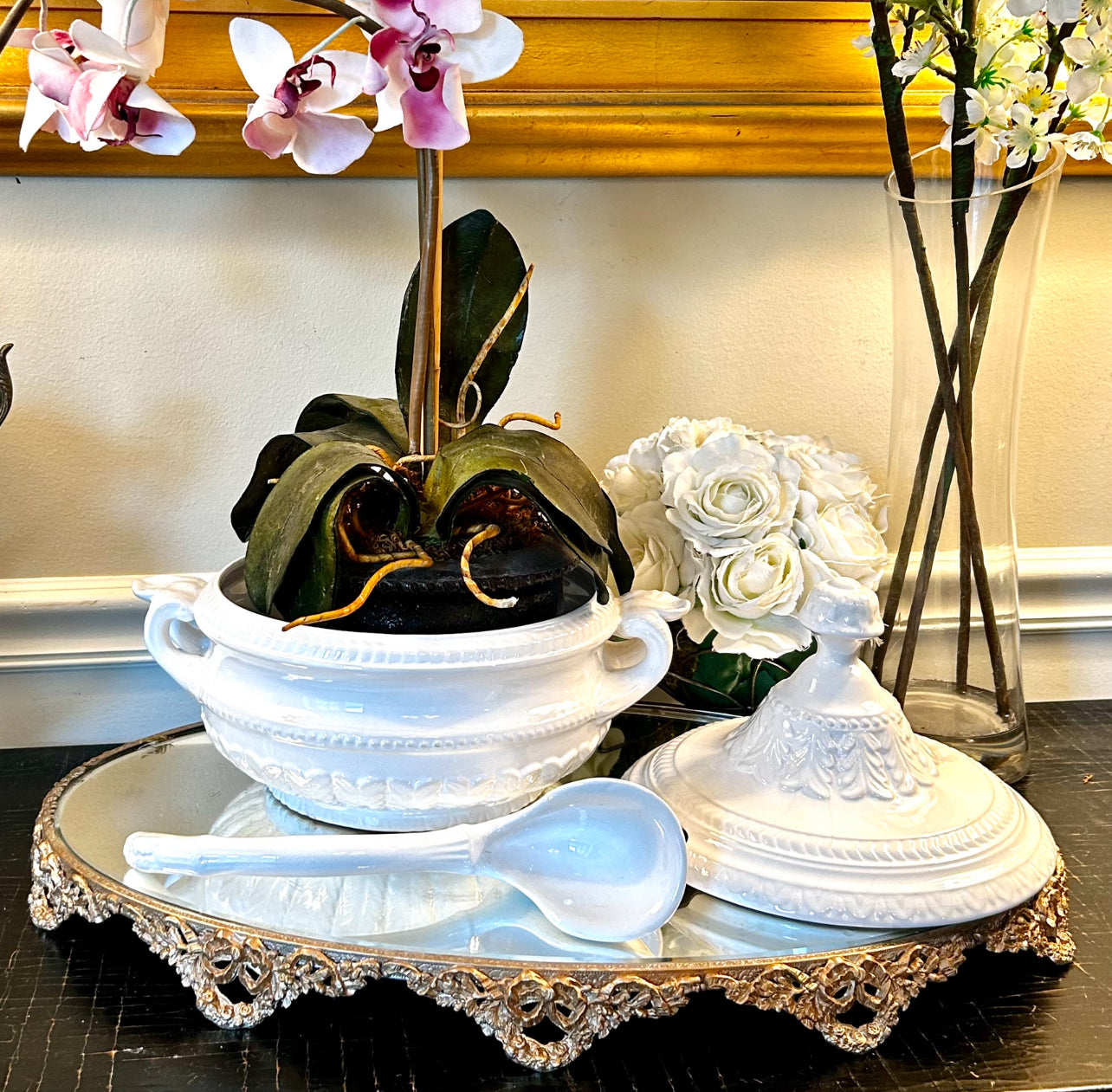 Designer vintage chic white 3 piece tureen planter made in Portugal