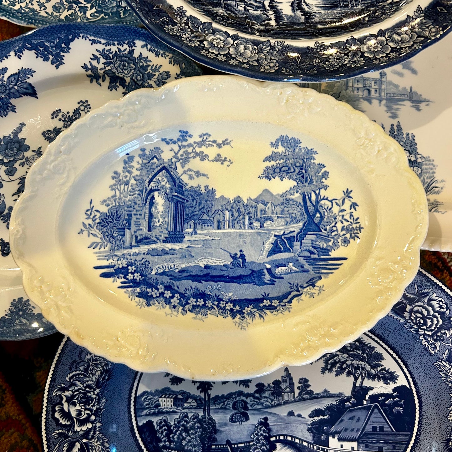 Set of 6 blue & white English oval platters plates