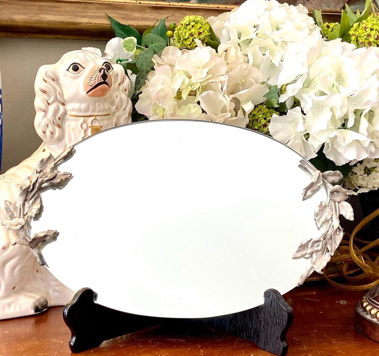 Gorgeous vintage floral details oval mirrored tray