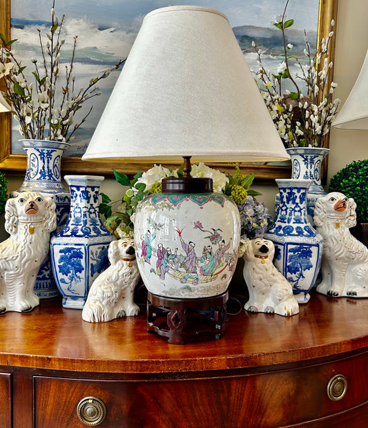 Antique porcelain chinoiserie rose Famille porcelain lamp, 29 in