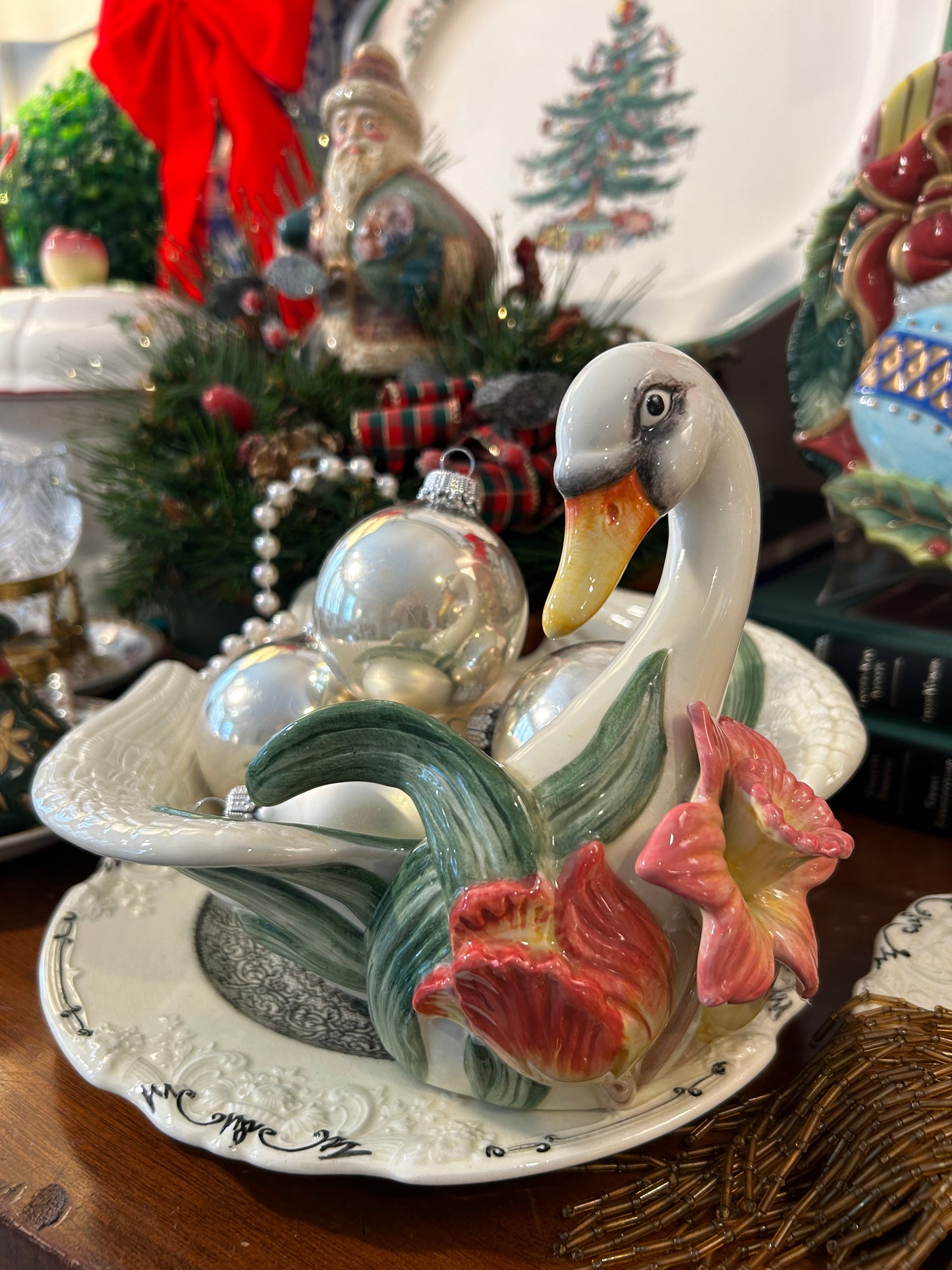 Graceful Fitz & Floyd Swan and florals large dish