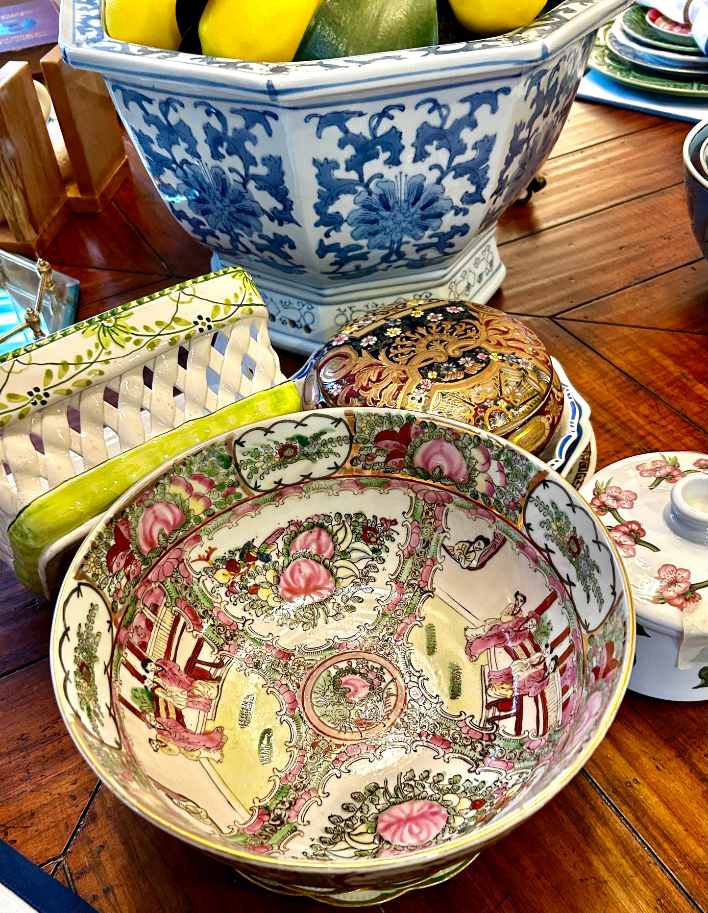 Impressive size Rose medallion porcelain hand painted centerpiece bowl.