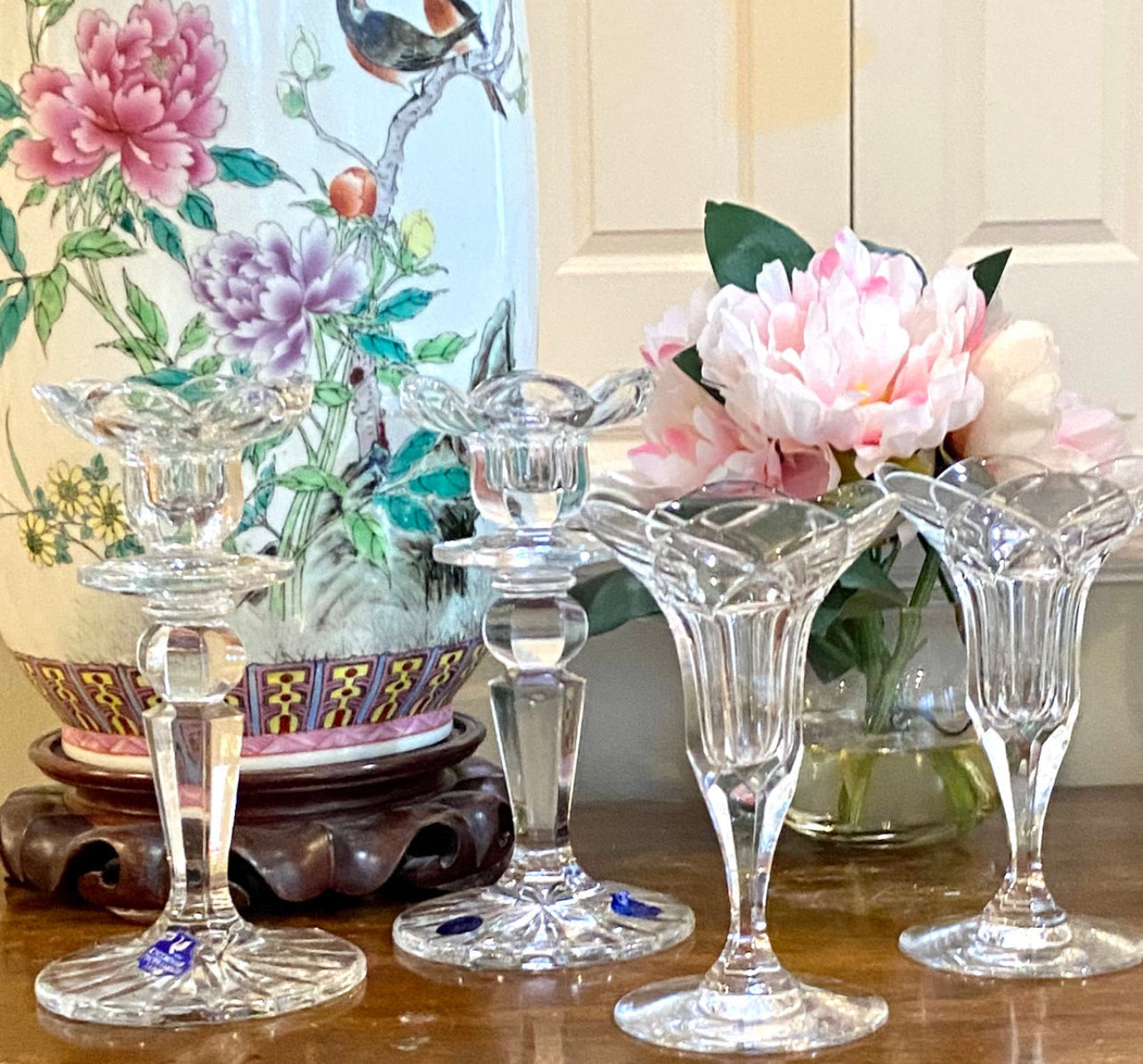 Vintage set of 4 vintage crystal tulip floral candlesticks, 7.5” tall