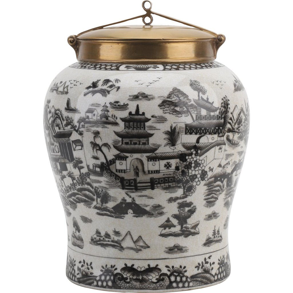 13” Tall Black/White Porcelain Pagoda Jar W/ Bronze Lid