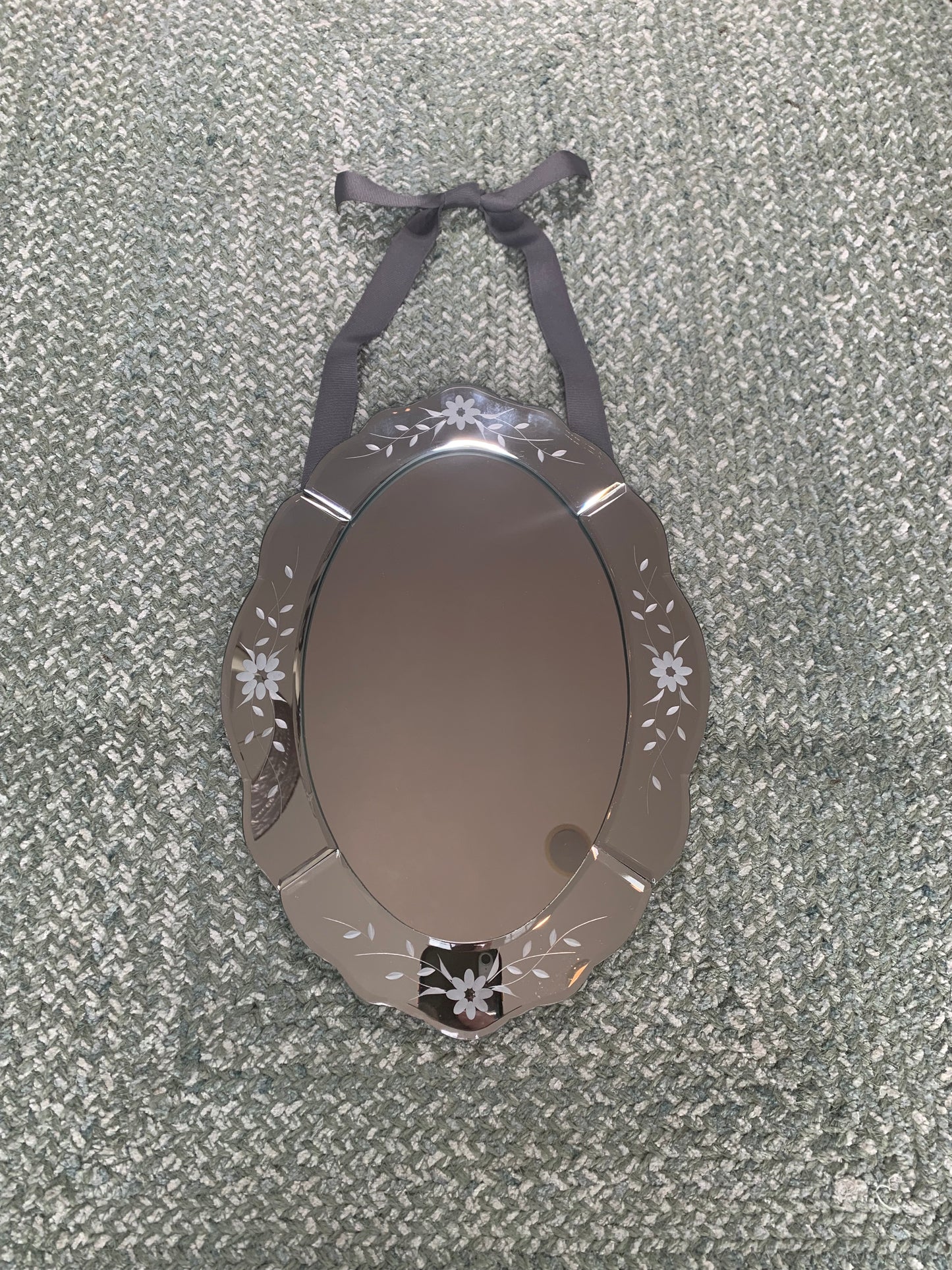 Oval Mirror with Etched Floral Design 14.5" x 10.5"