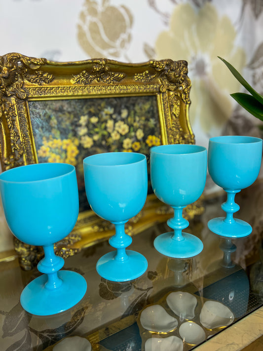 Set of Four Portieux Vallersythal Blue Opaline Water/Wine Goblets