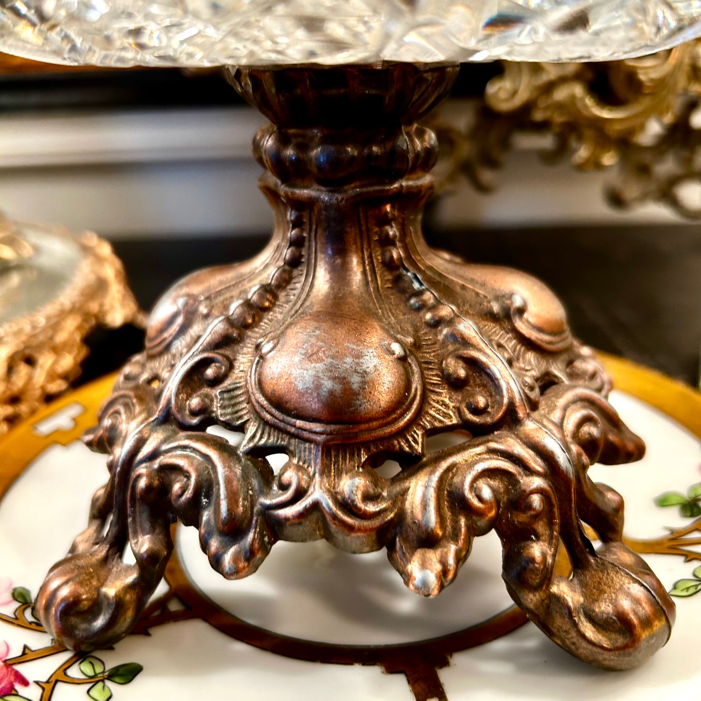 Beautiful bronze and crystal footed older ashtray delightful dish