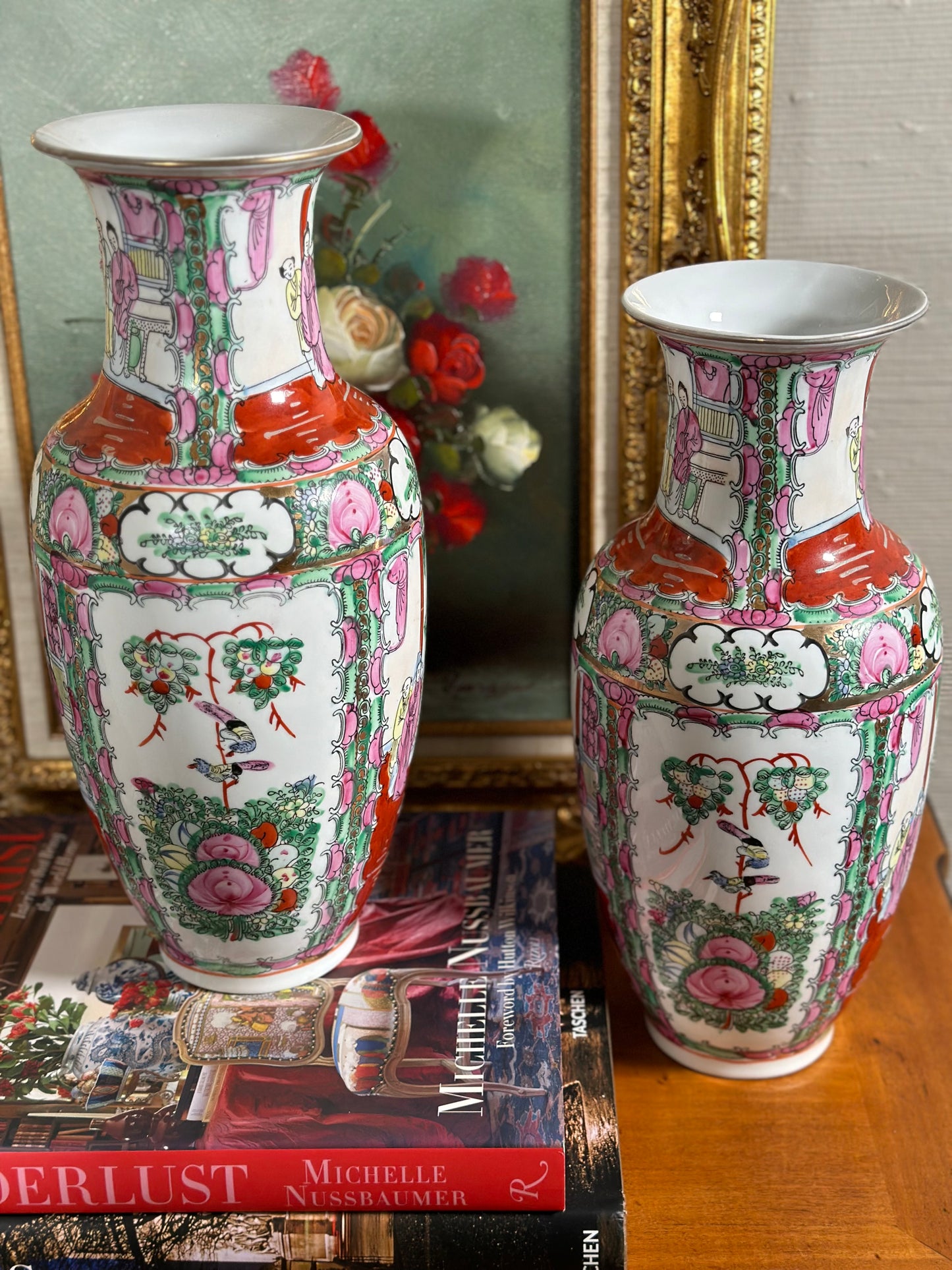 Beautiful Pair of Vintage Chinese Famille Rose Medallion Vases, 14.75”