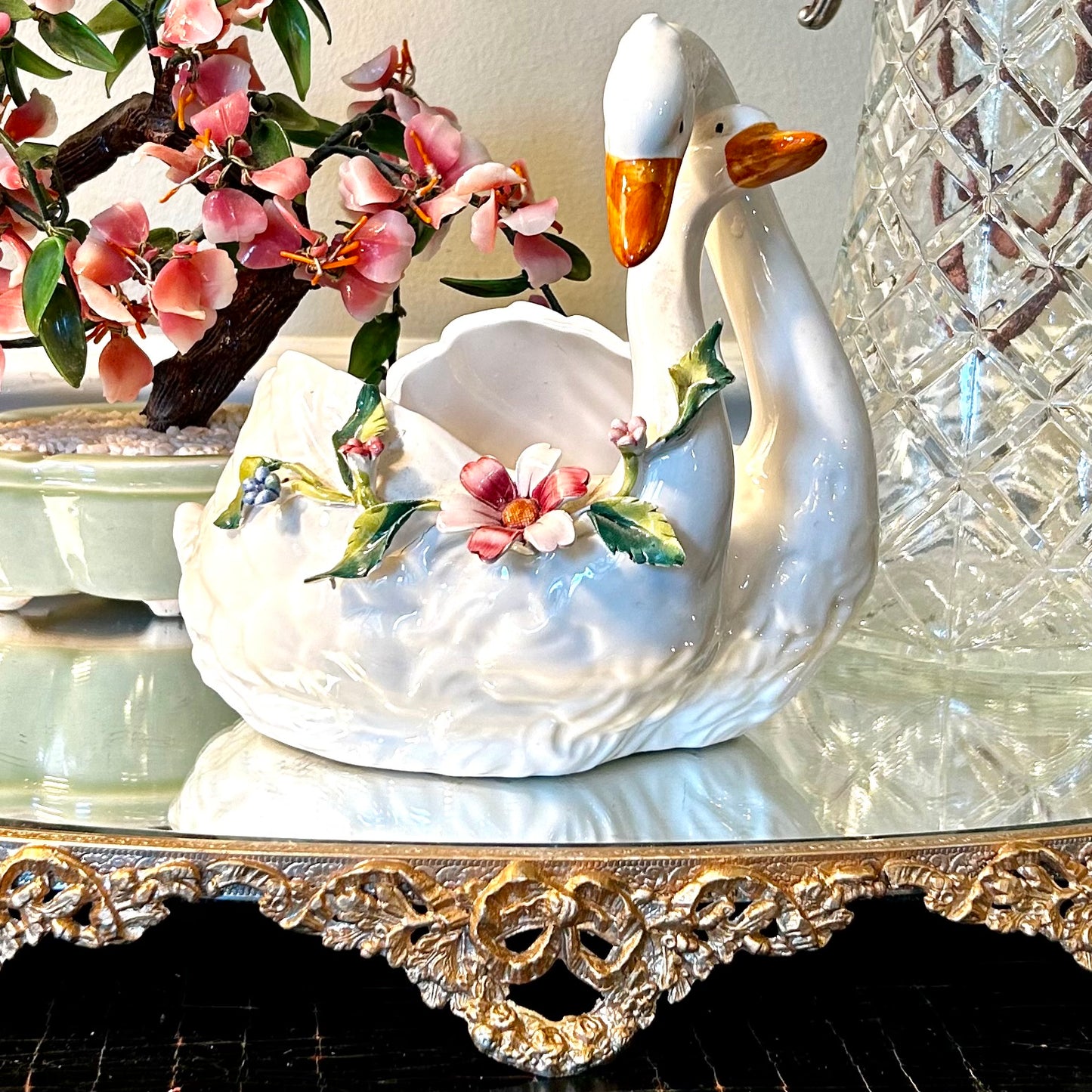 Stunning Italian Swan floral loving pair Italian planter decor