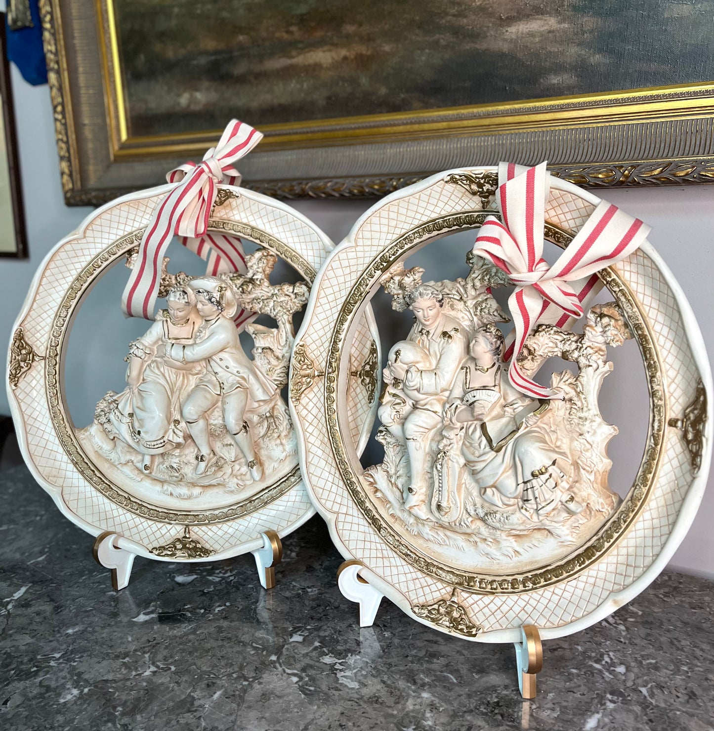 Romantic Pair of Mid Century Courting Couple Wall Plaques With French Ribbon Hangers