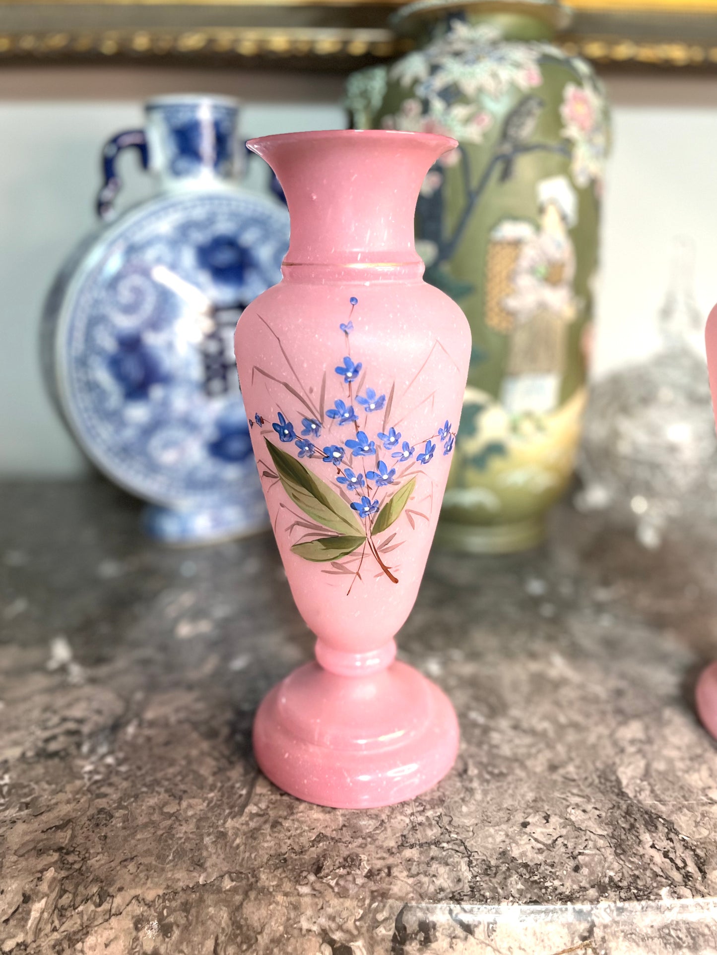 Reserved Stacy Live 9/15 - Antique 1800’s One Of A Kind Pair Signed Hand Painted-Forget Me Nots- Pink Bristol Glass Vases