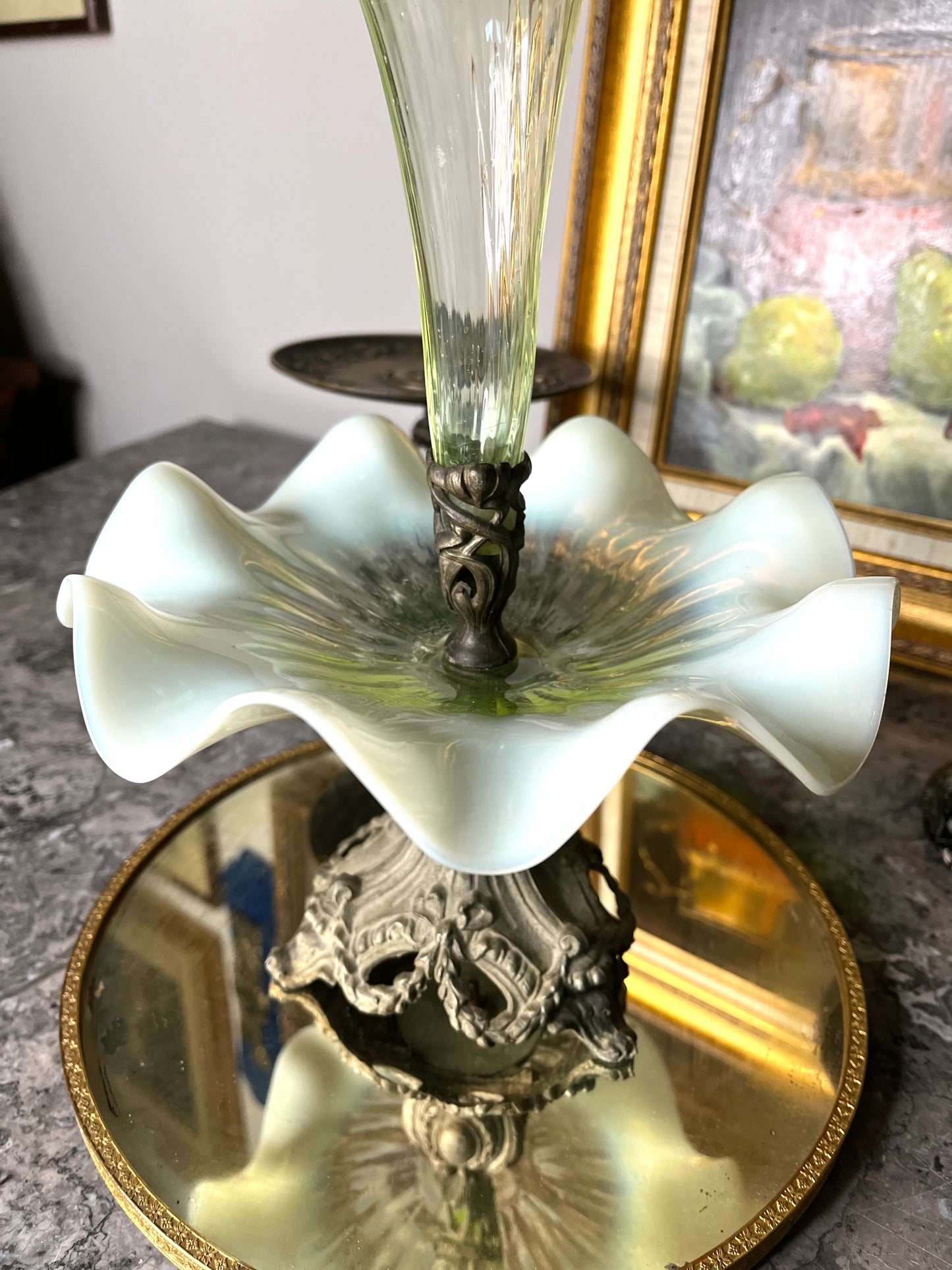 Antique 19th Century Victorian Uranium Vaseline Glass Epergne