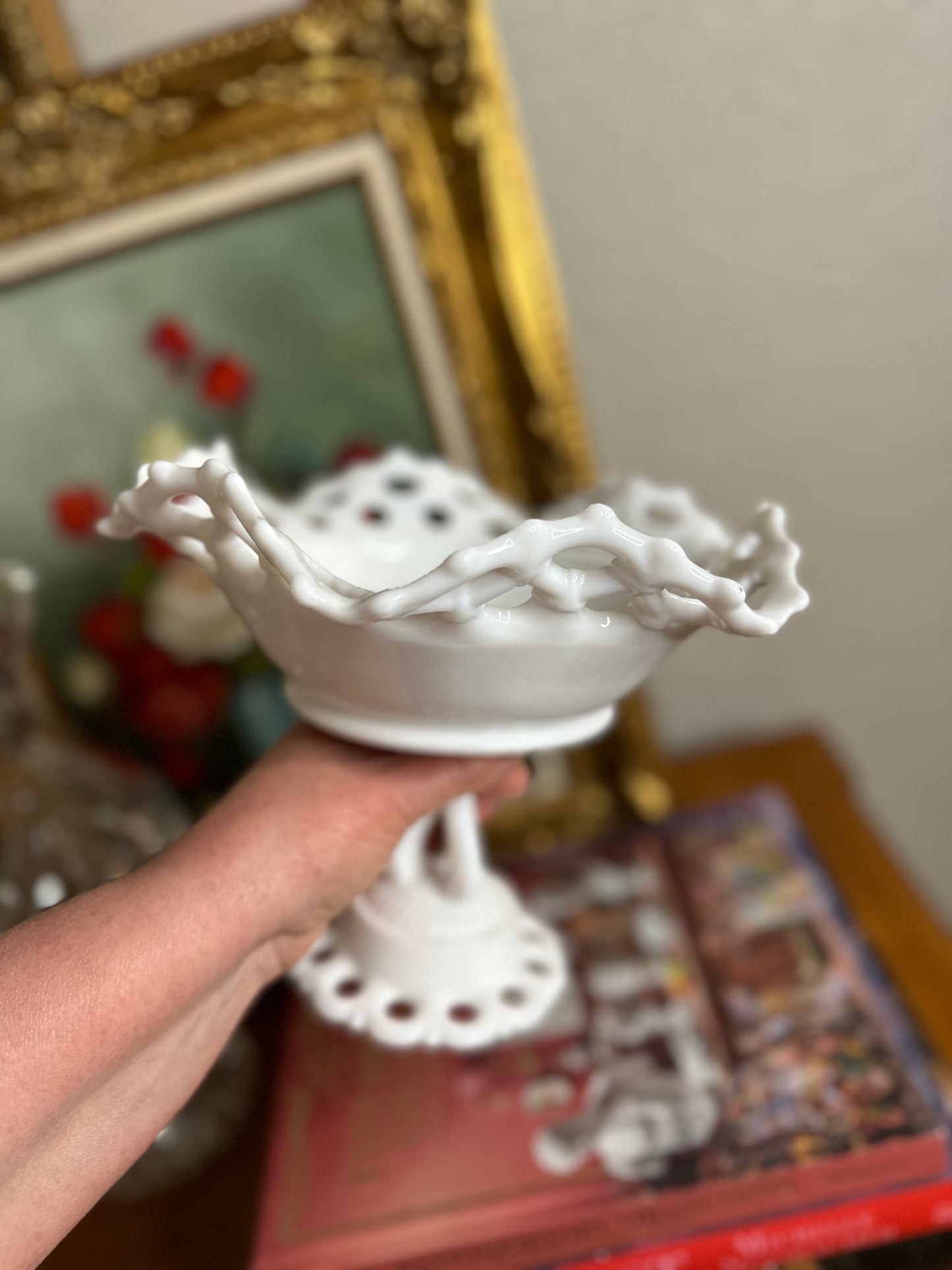 Vintage Westmoreland White Milk Glass Pedestal Compote with Ruffled Lace Edge