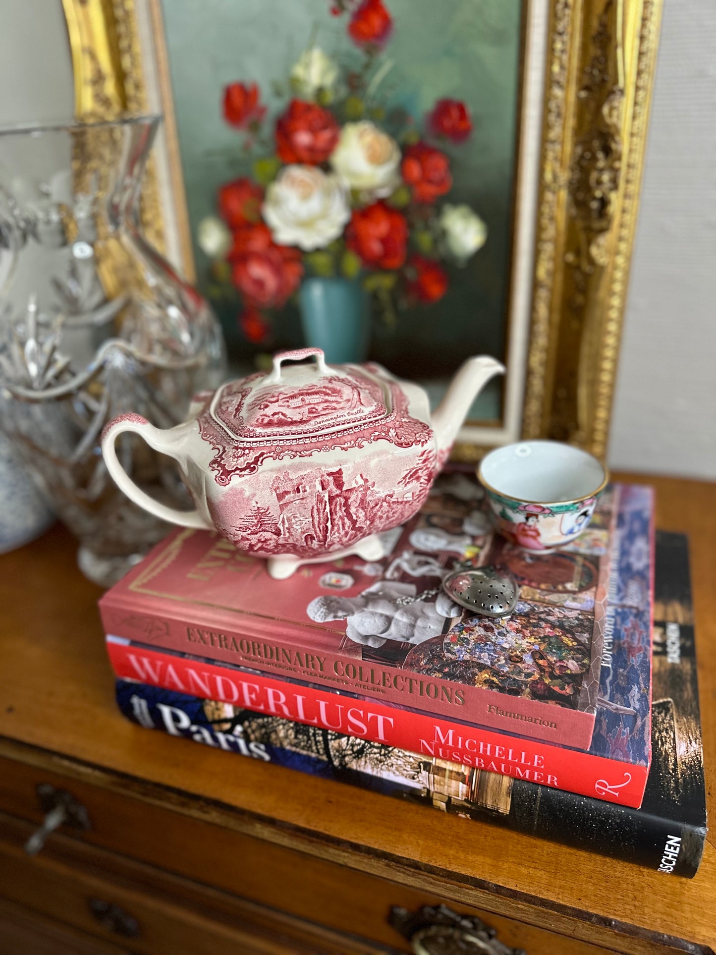 PRISTINE! Vintage Old Britain Castles Red/Pink Transferware Teapot by Johnson Brothers, ENGLAND