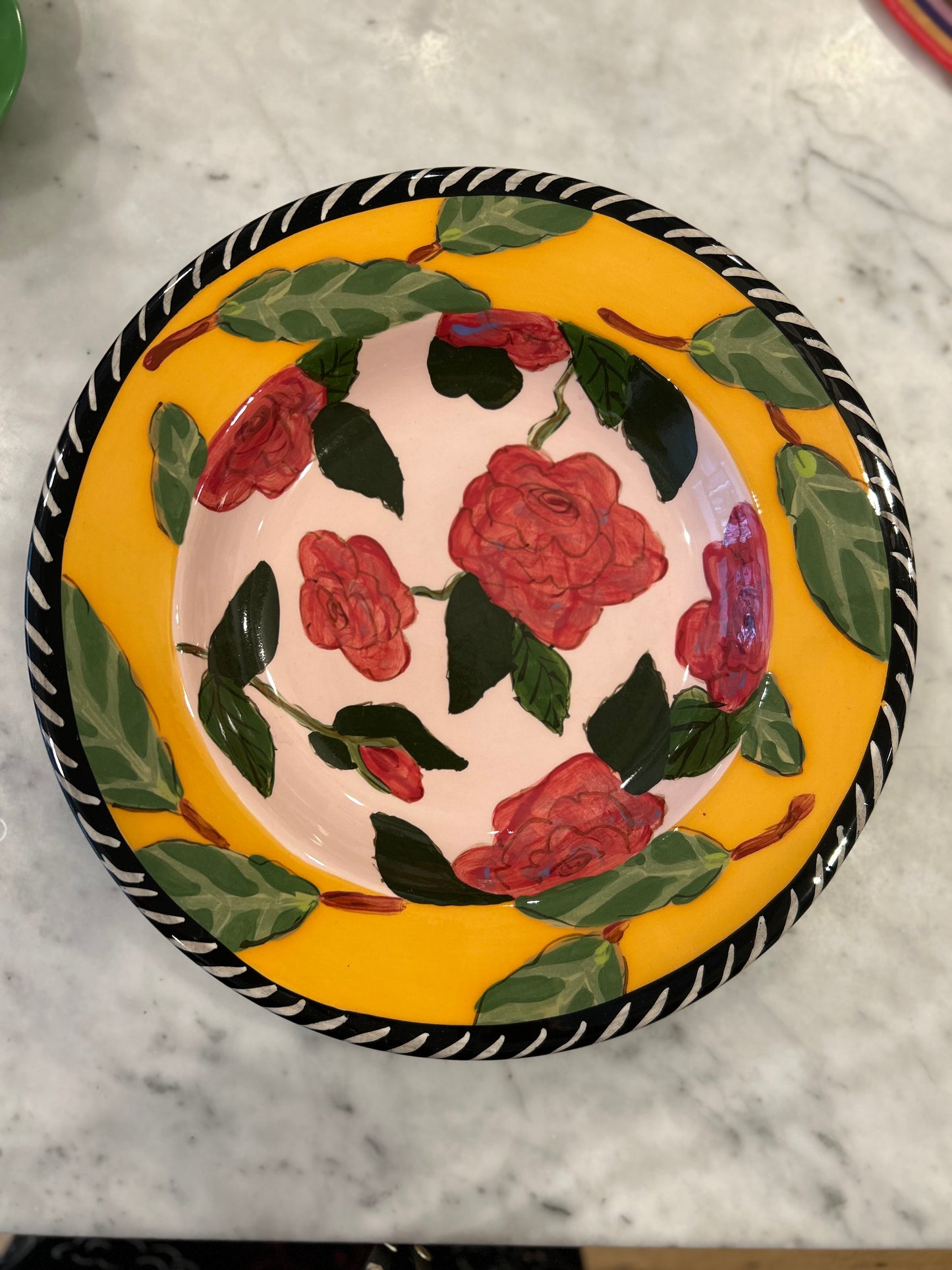 Pink Background Hand Painted Droll Design Deep Dish 12 1/4”