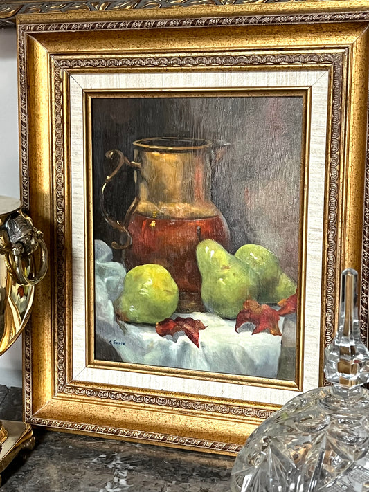 Gorgeous Original Oil On Board Still Life Fine Painting - Pears and Brass - Late 20th Century Signed And Dated