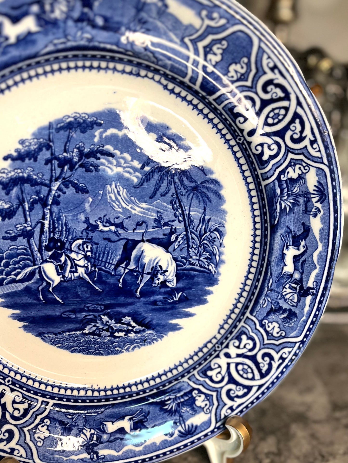 Antique Late 1800’s Blue Transferware George Jones & Sons Toro Porcelain Plate With Pastoral Horse And Bull- Mint