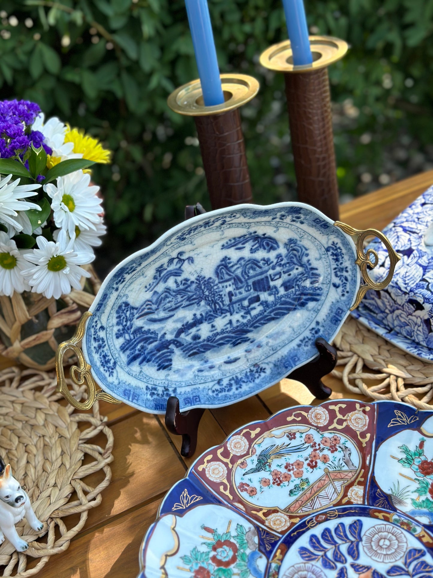 Blue and White Pagoda, Bronze detailed platter - 13L X 8W X 1.5H