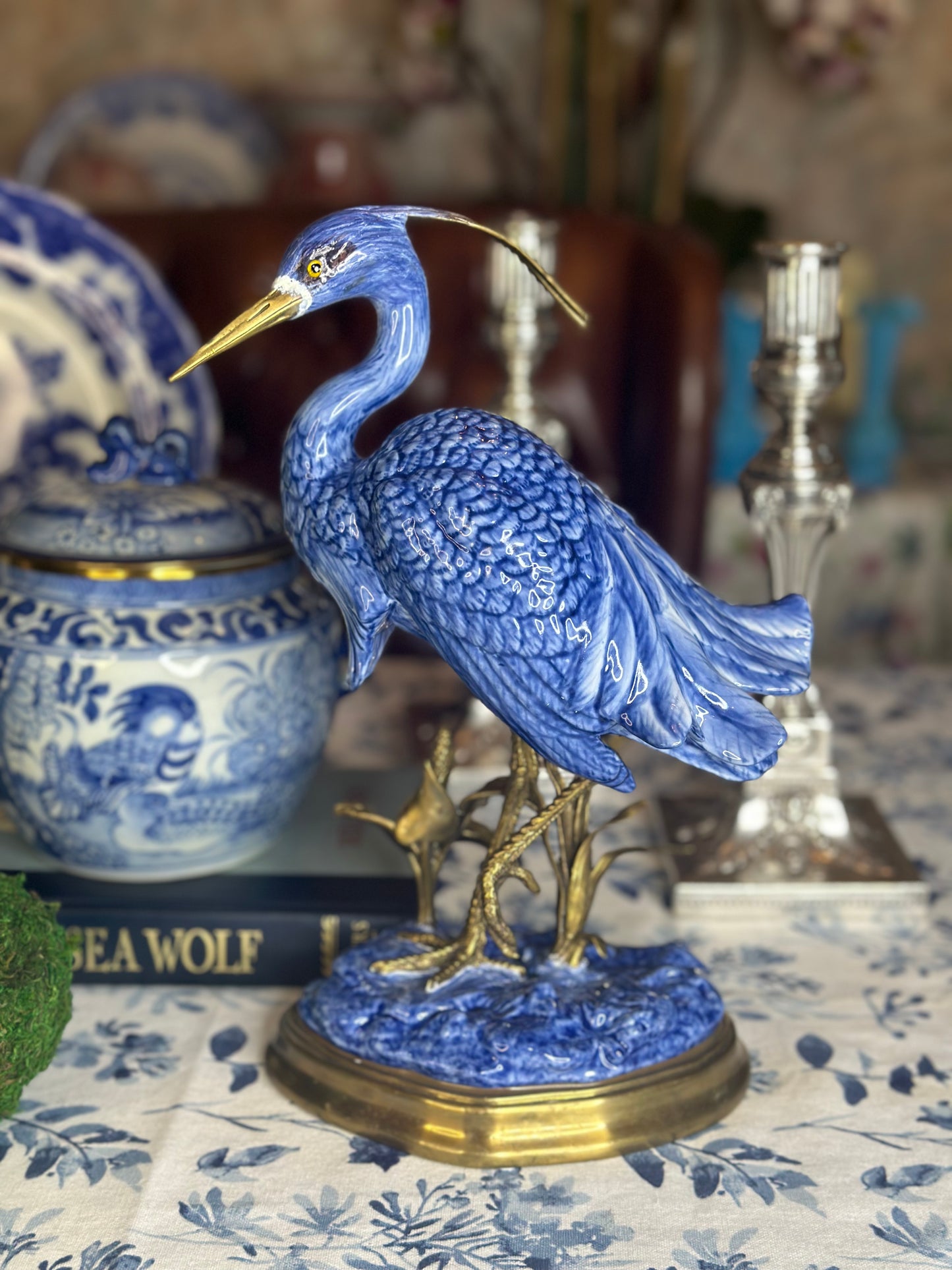 12” Blue & White Porcelain & Bronze Crane Figure on base