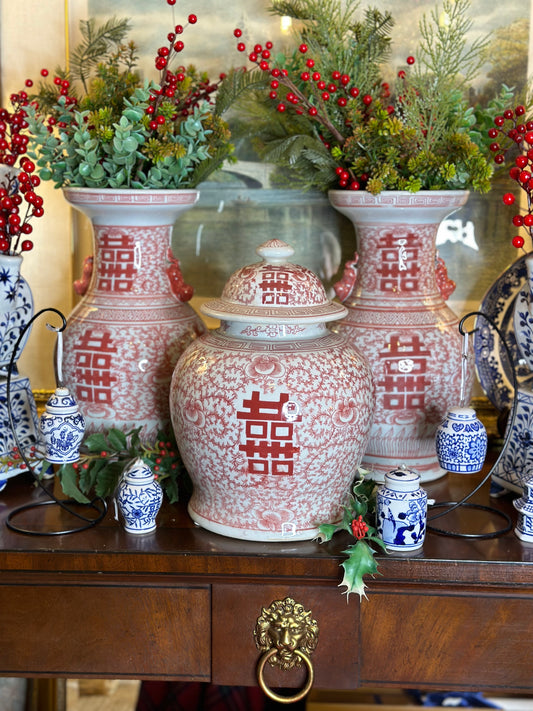 Hand painted Red/White Chinoiserie Double Happiness Vase & Ginger Jar (Sold Separate)