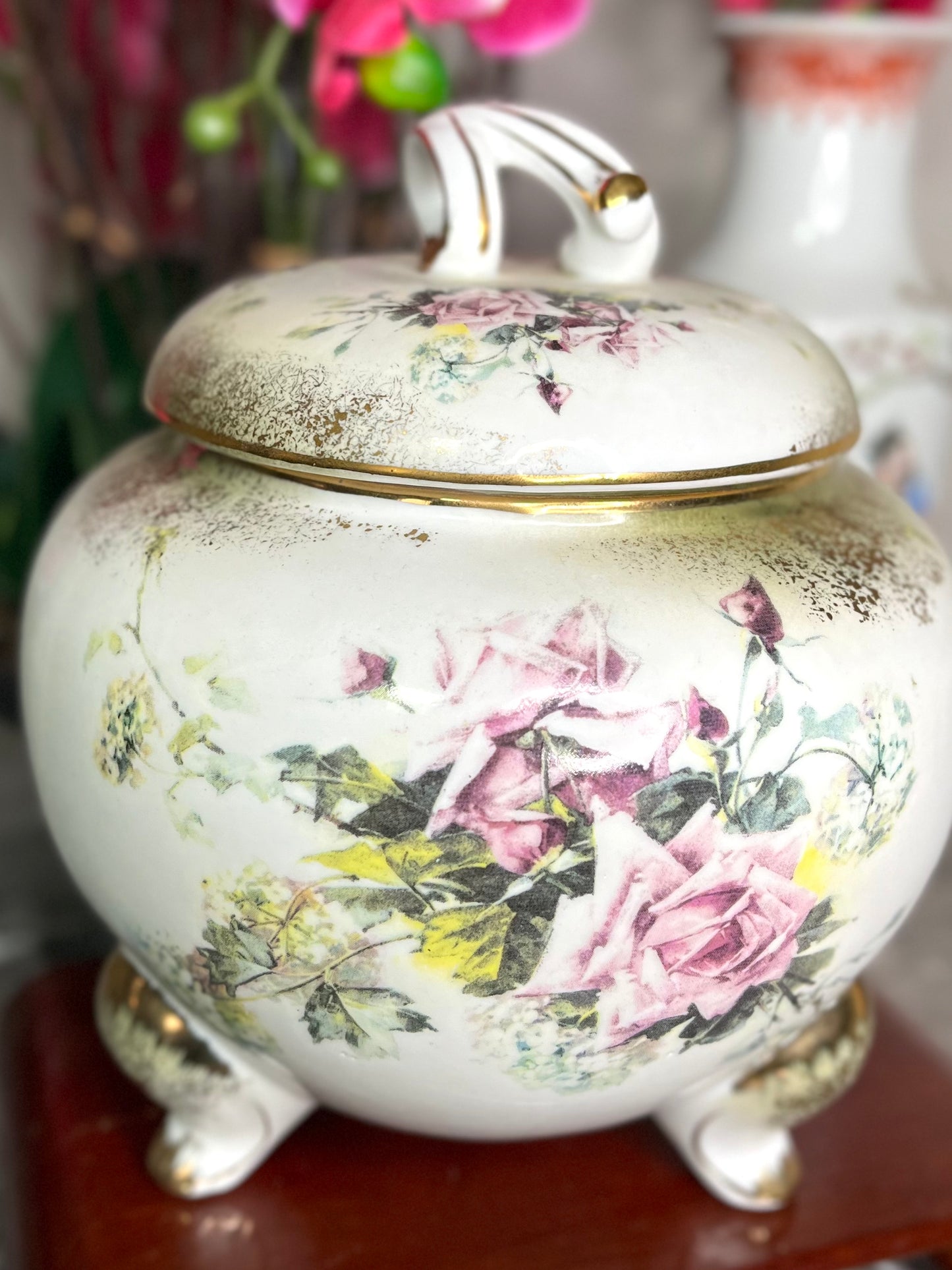 Beautiful Antique Nippon Hand Painted Floral Porcelain Biscuit Jar