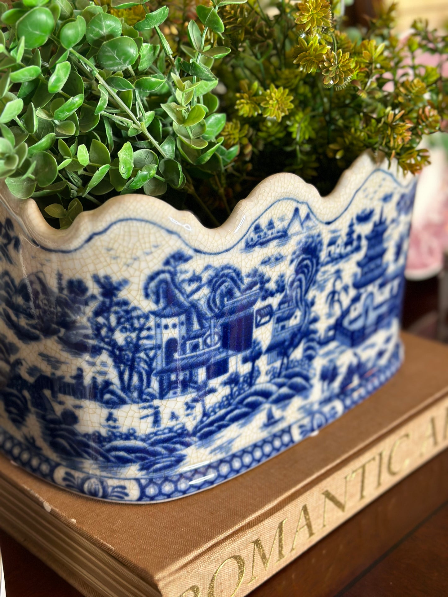 Blue & White Porcelain Pagoda Scalloped Basin, 12x8x7 - Pristine!