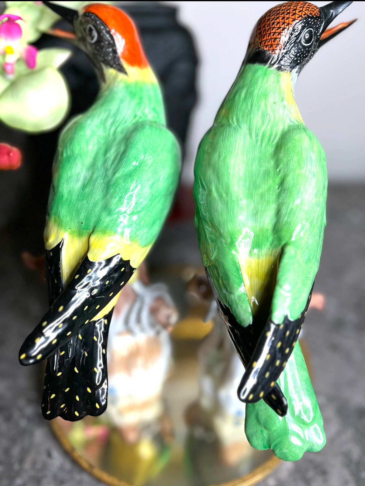 Gorgeous Pair Of Mid Century Dresden Porcelain Birds Male/Female European Green Woodpecker