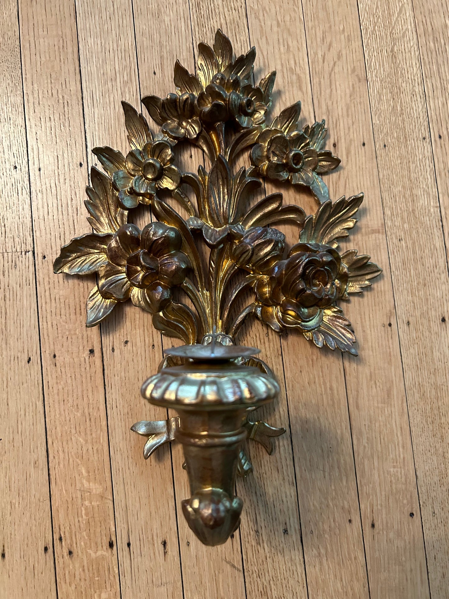 Stunning Vintage Pair of Gilded Italian Candle Sconces 14 1/2” tall 8” arm