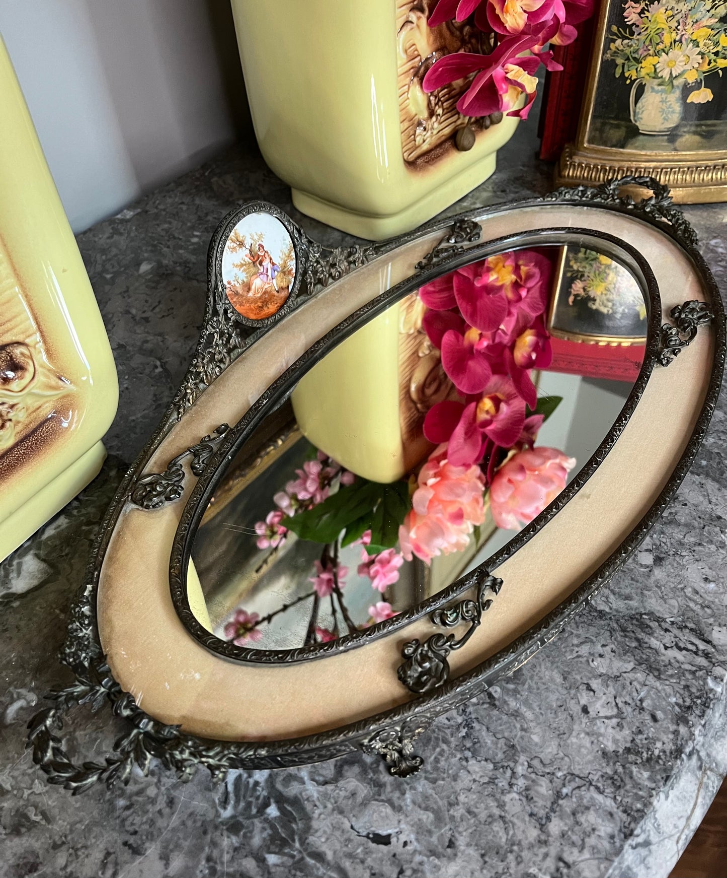 Antique Stunning 19th Century Hand Painted Mirrored Large Vanity Tray