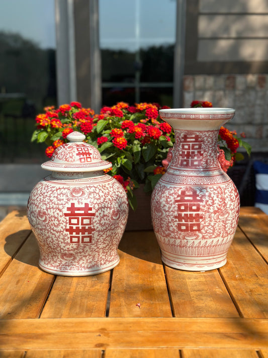 Hand painted Red/White Chinoiserie Double Happiness Vase & Ginger Jar (Sold Separate)