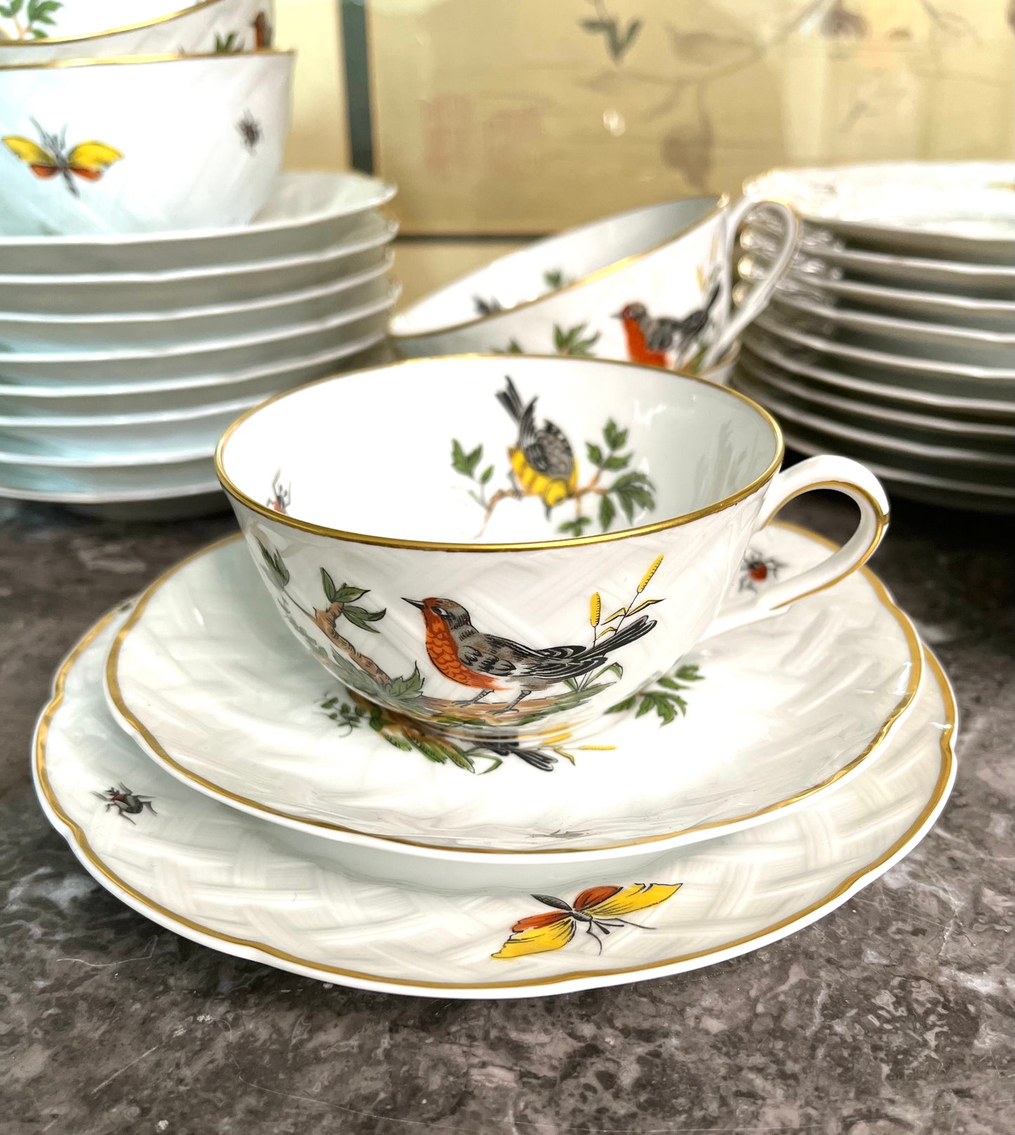 Exquisite Extremely Rare Vintage L. Bernardaud Limoges “Virginie” Birds and Bugs Porcelain Dessert Set - 10 Small Plates/10 Teacups/10 Saucers