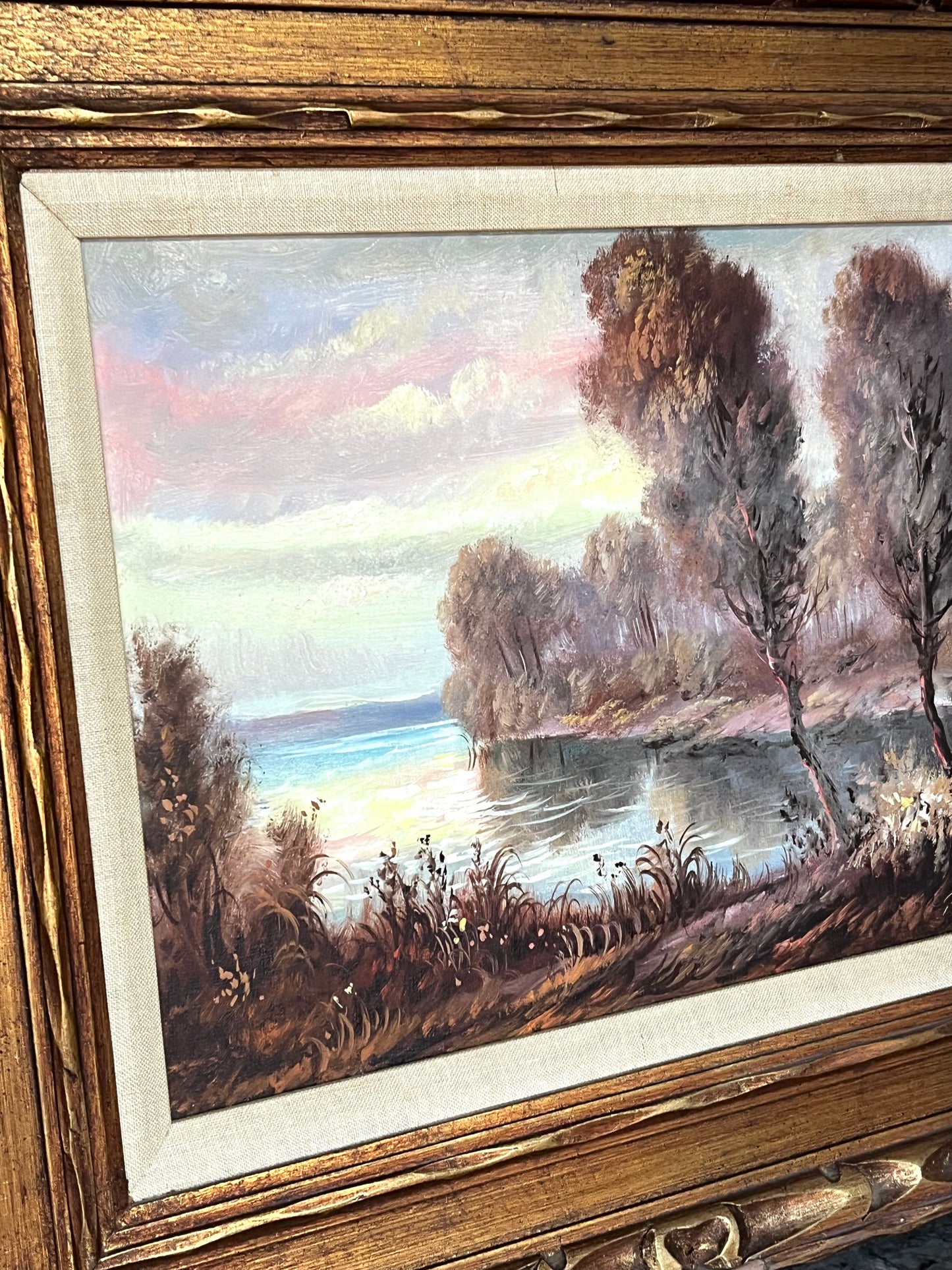 Gorgeous Original Sunset, Lake And Trees Mid Century Signed Oil Painting In Original Wood Frame