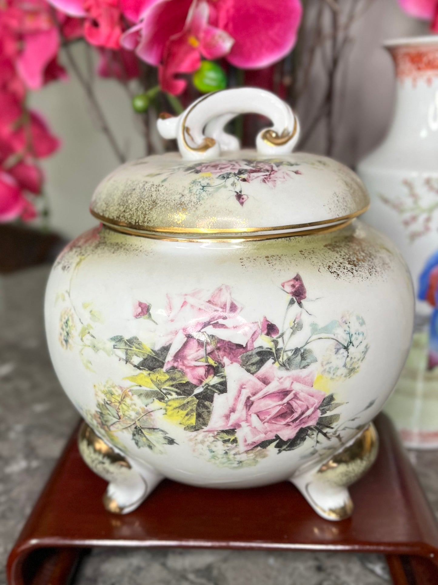 Beautiful Antique Nippon Hand Painted Floral Porcelain Biscuit Jar