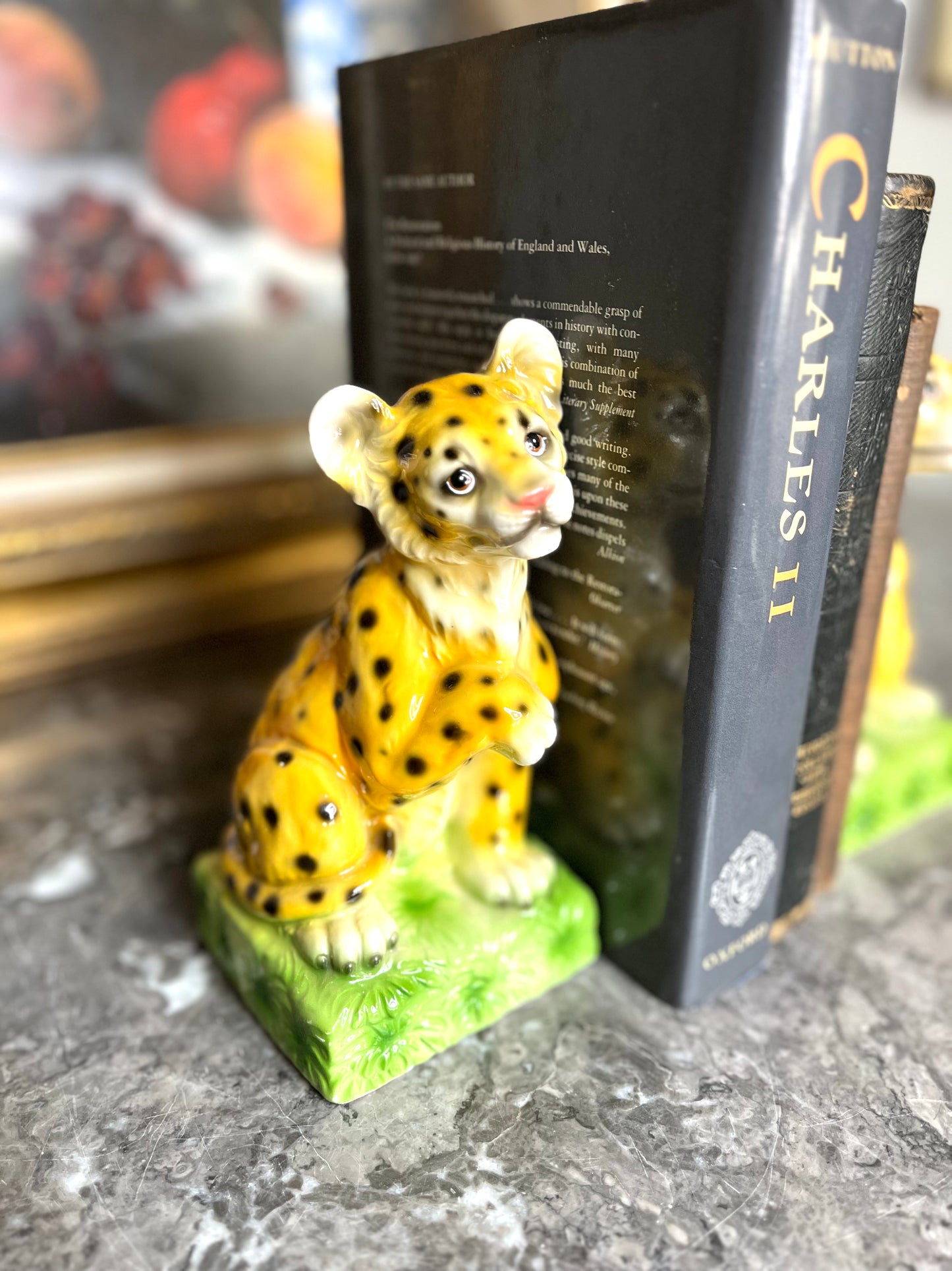 Reserved Maria Adorable Vintage Porcelain Aldon Cheetah/Leopard Cub Bookends - Repair Priced Accordingly