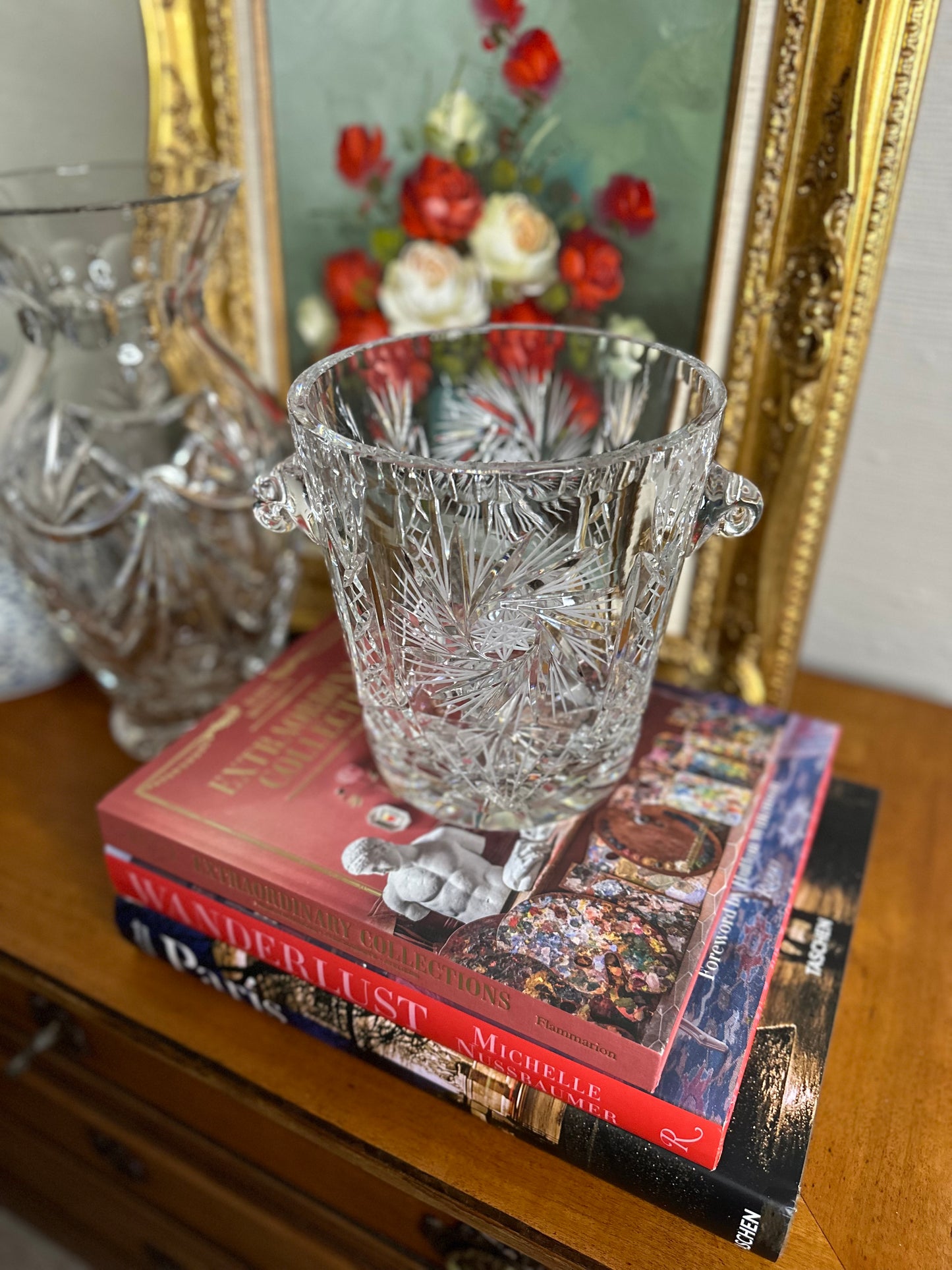 PRISTINE! Very Heavy Crystal Champagne/Ice Bucket with matching set of 4 Whiskey Tumblers