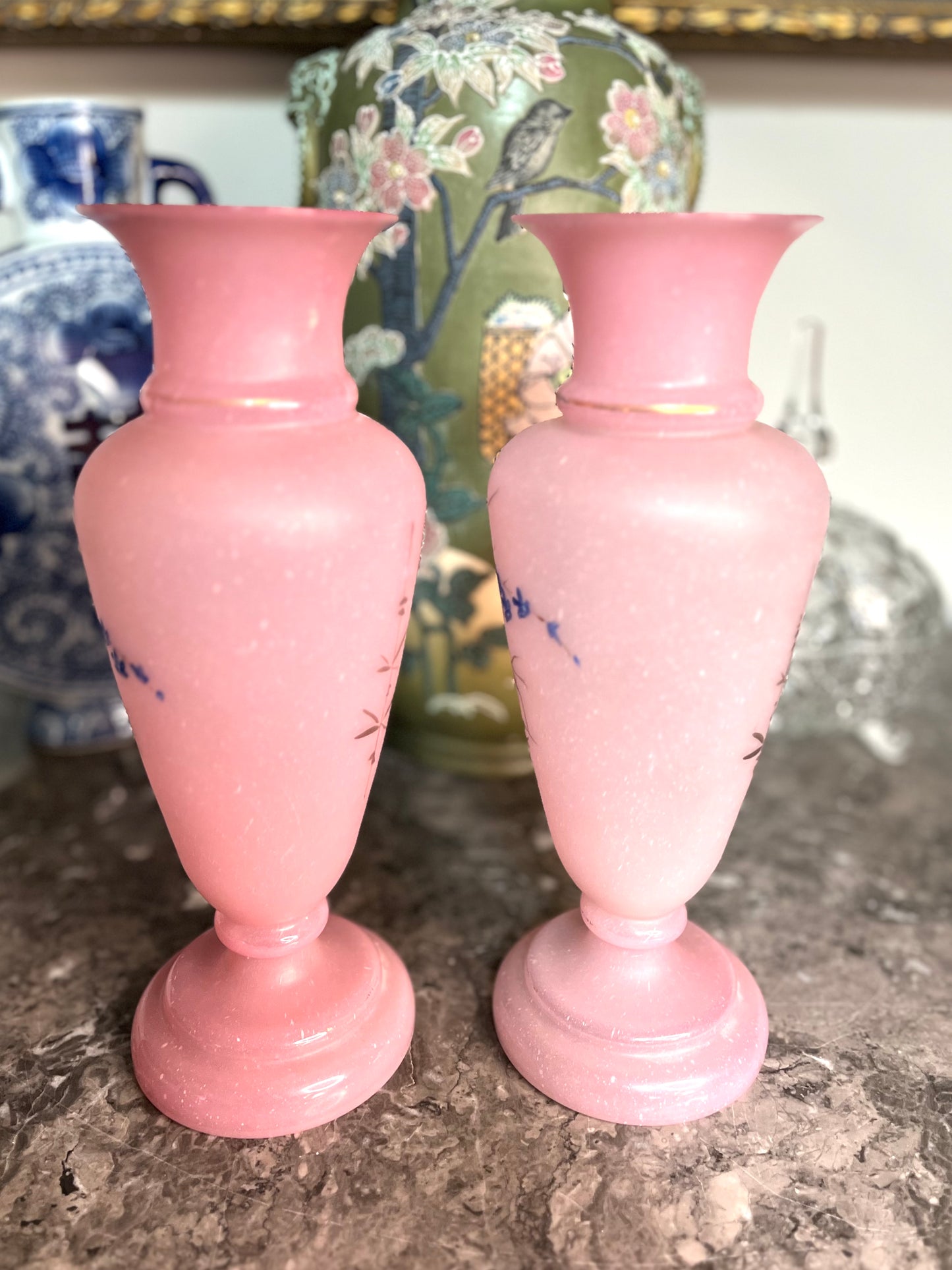 Reserved Stacy Live 9/15 - Antique 1800’s One Of A Kind Pair Signed Hand Painted-Forget Me Nots- Pink Bristol Glass Vases