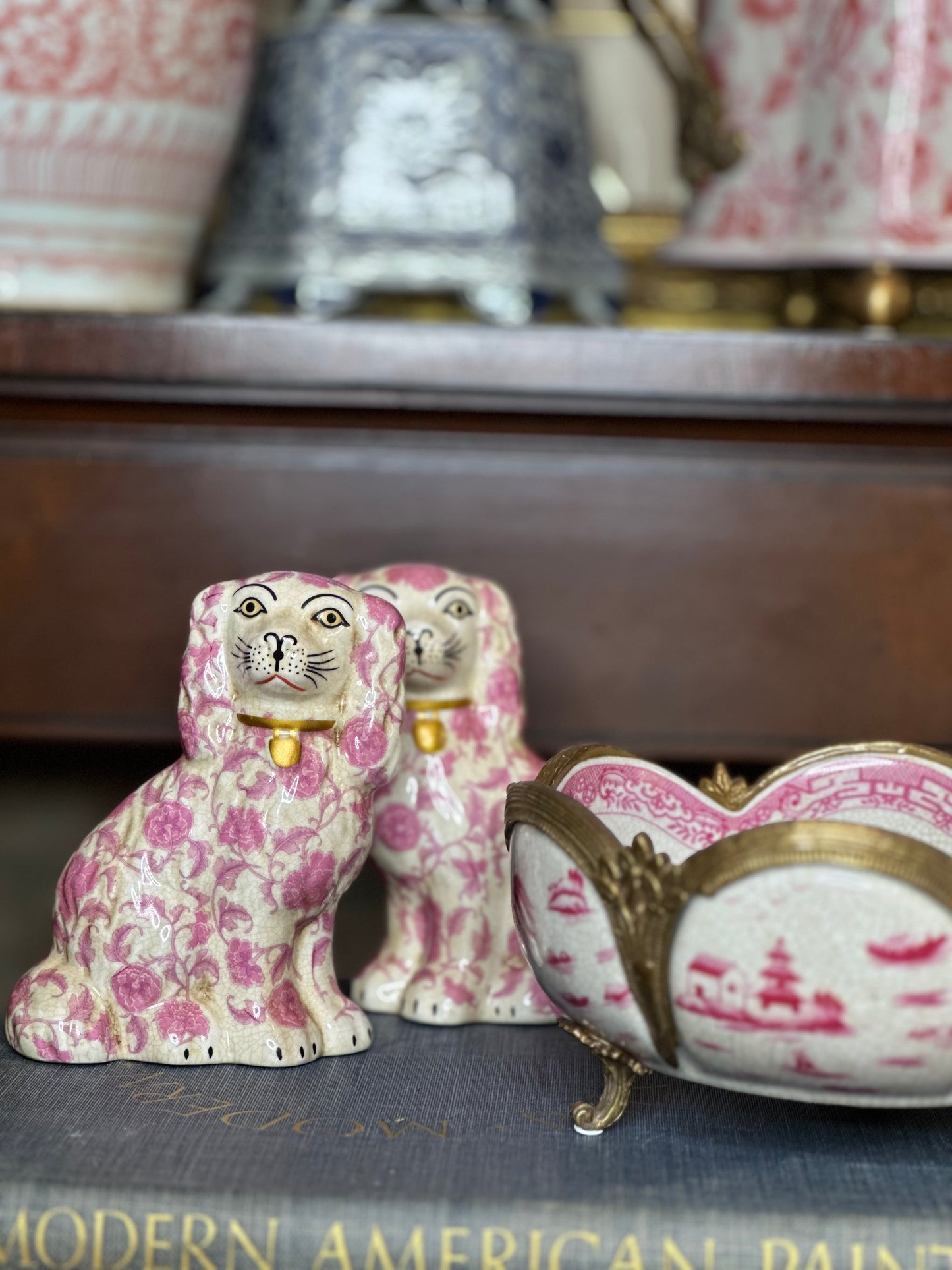 NEW Pink & White Floral, 6” Tall Mantle Spaniel Dog Pair