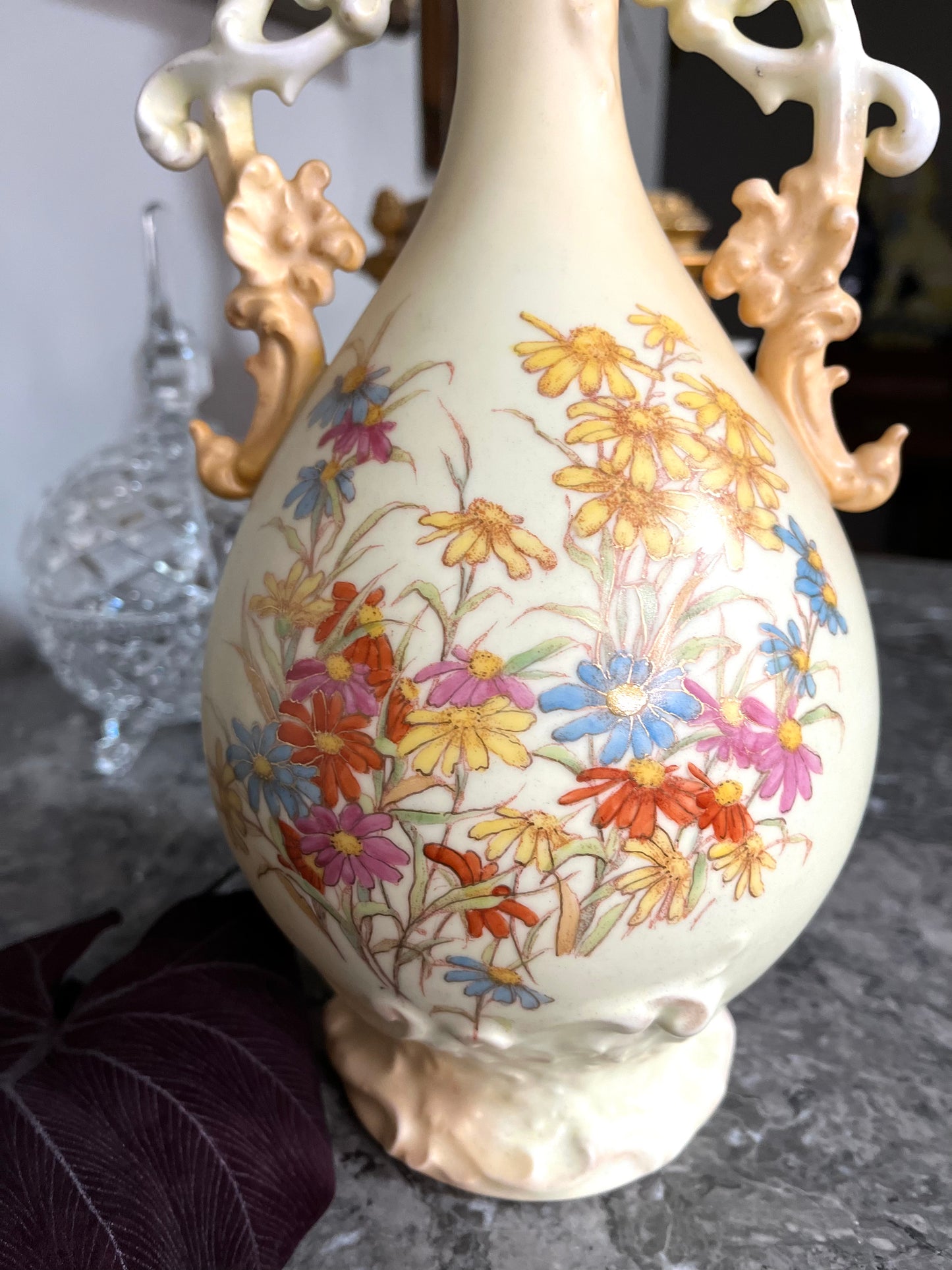 Antique 19th Century Victorian Hand Painted Porcelain Amphora Vase