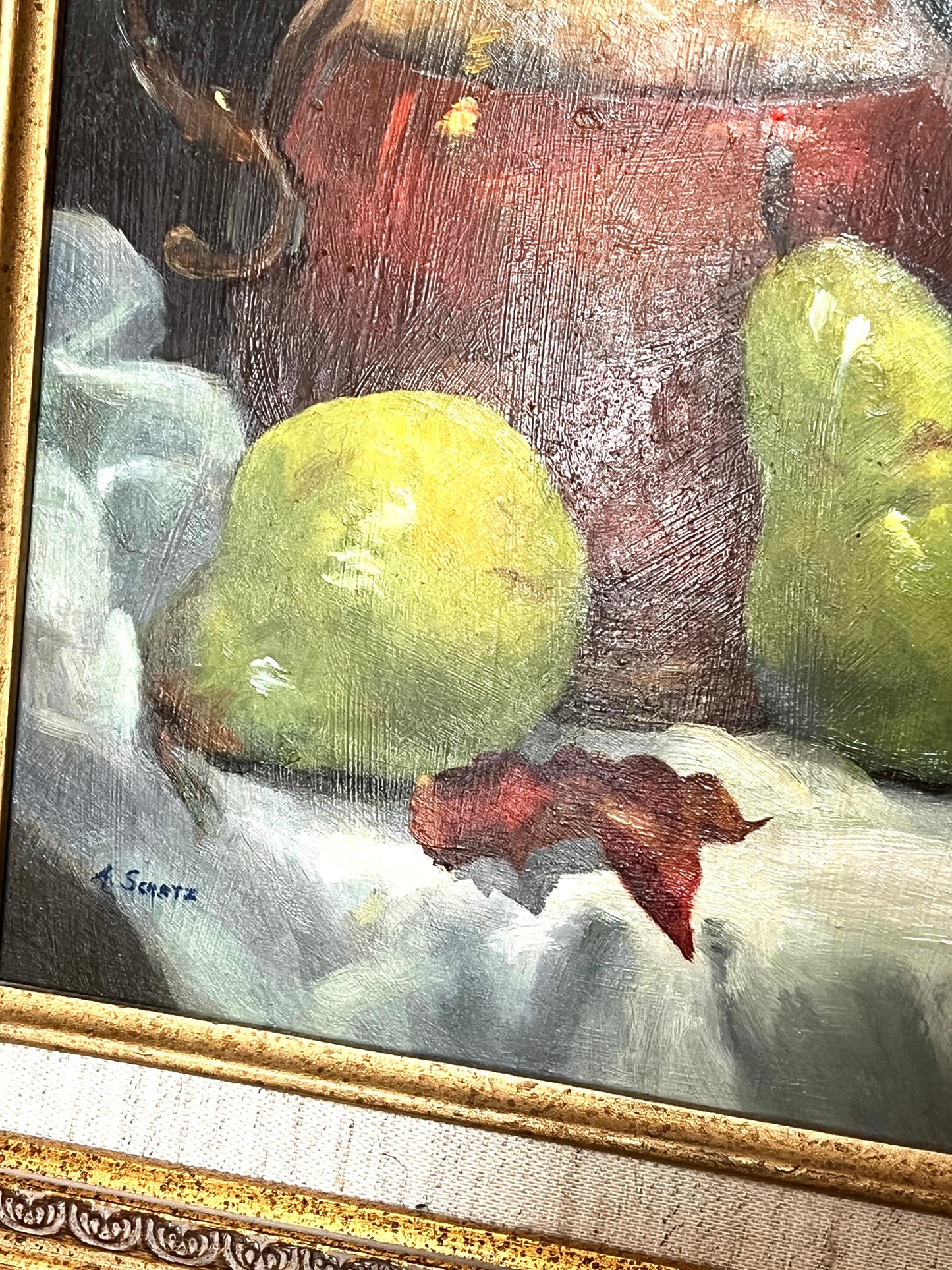 Gorgeous Original Oil On Board Still Life Fine Painting - Pears and Brass - Late 20th Century Signed And Dated