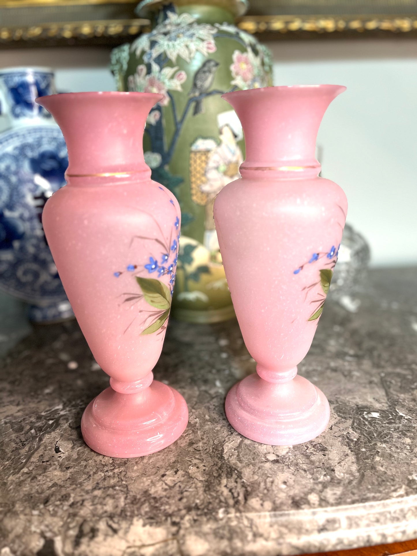 Reserved Stacy Live 9/15 - Antique 1800’s One Of A Kind Pair Signed Hand Painted-Forget Me Nots- Pink Bristol Glass Vases